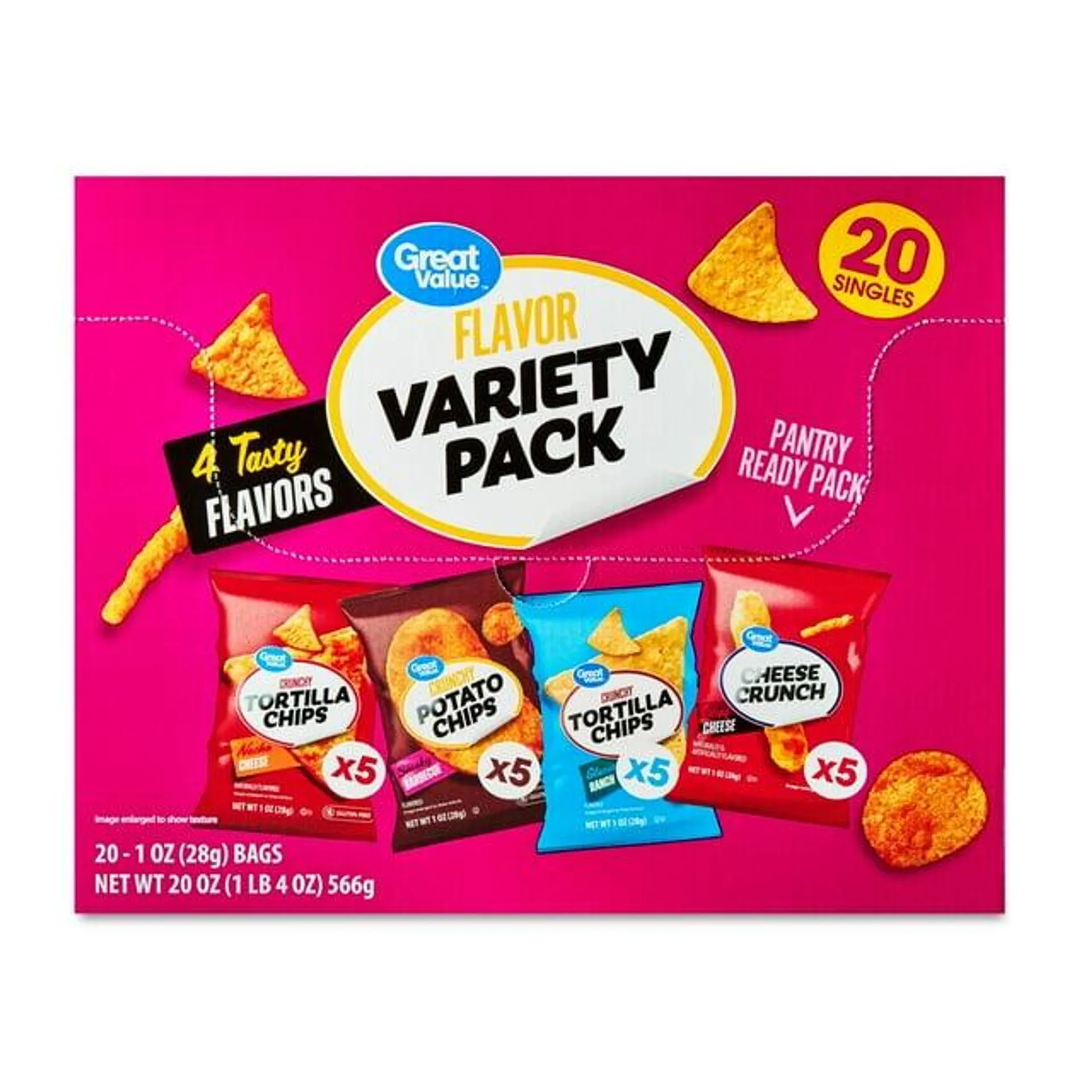 Great Value Tasty Chips Variety Pack, 1 oz, 20 Count