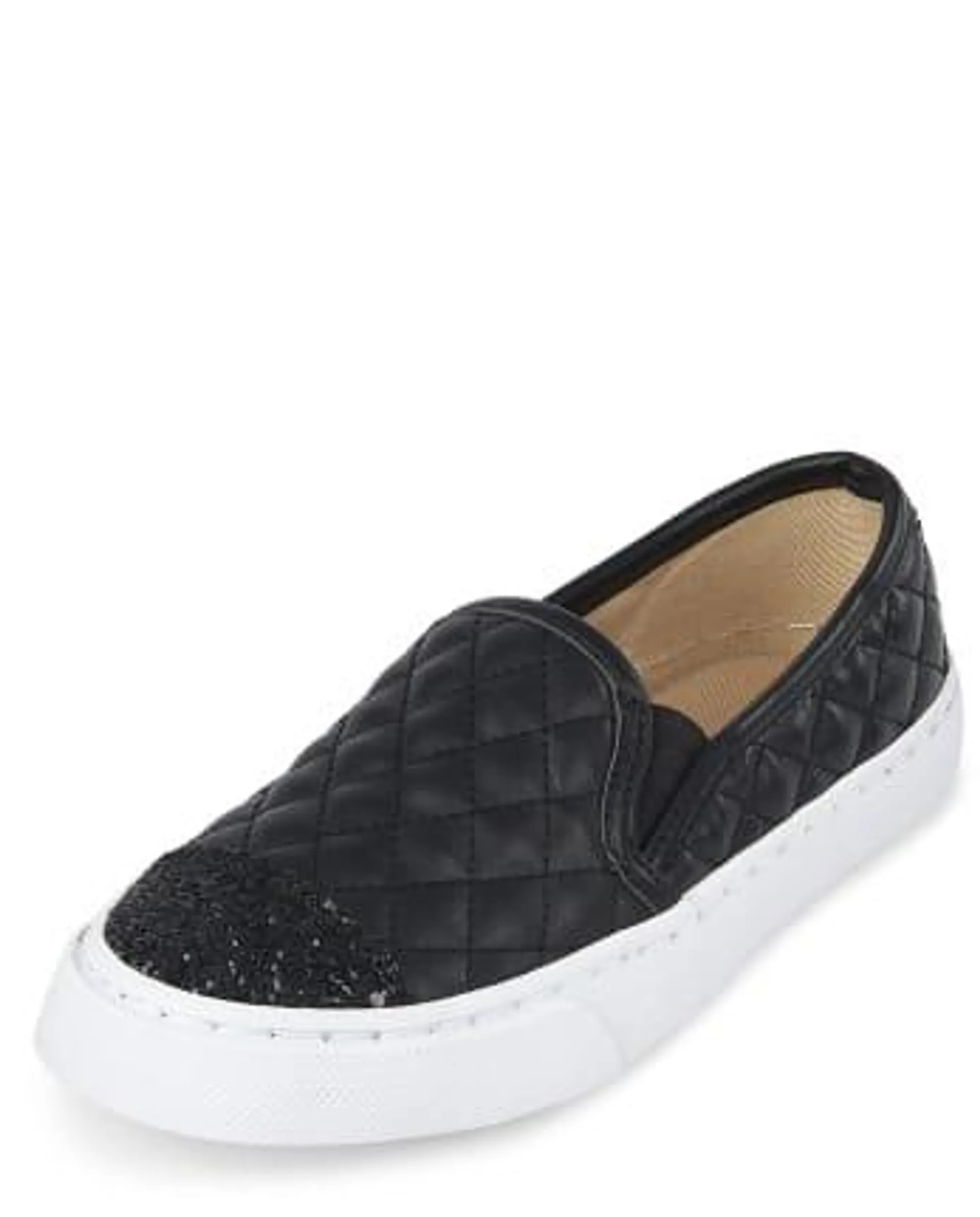 Girls Glitter Quilted Slip On Sneakers - black