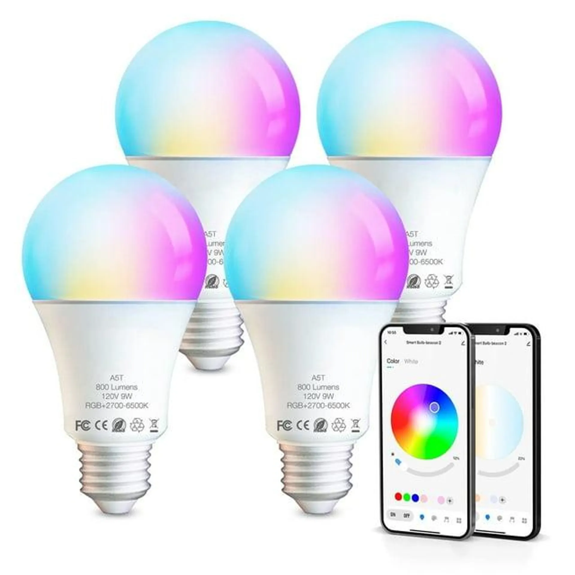 PHOPOLLO Smart Light Bulbs, Bluetooth Light Bulbs with App Control, RGB LED Color Changing Bulbs, A19 E26 9W 800LM, for Home Bedroom (4 Pack)