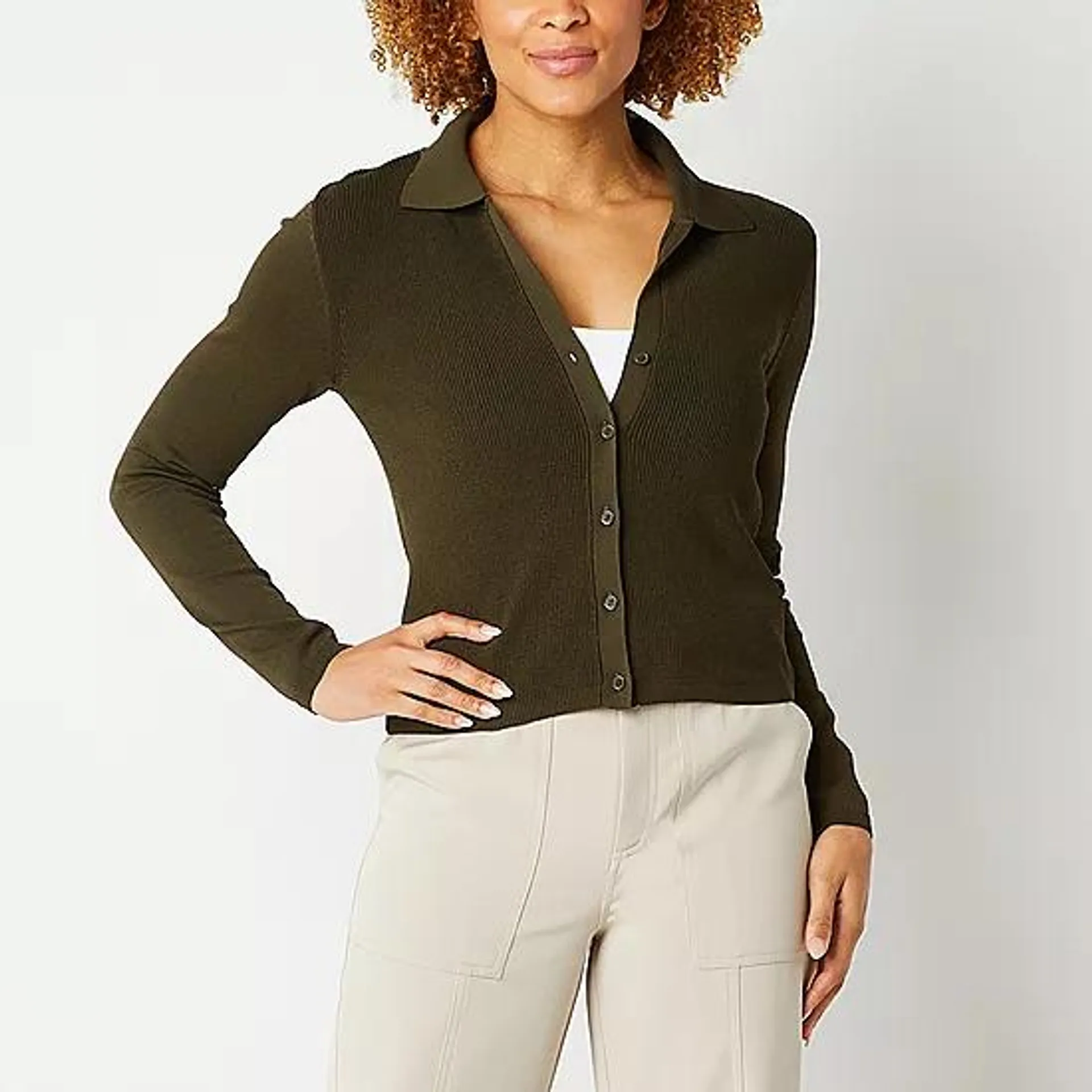 Worthington Womens Long Sleeve Button Cardigan