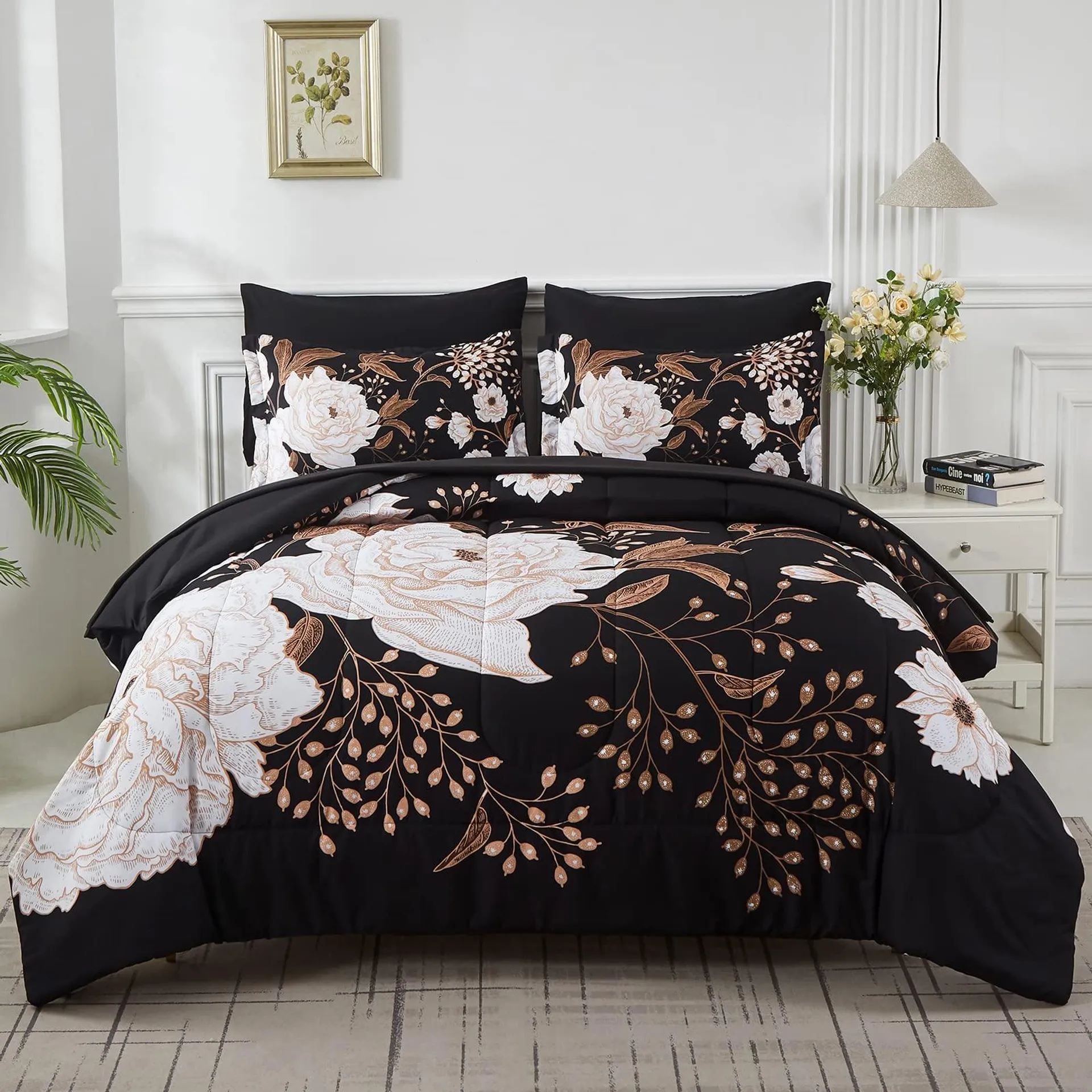 Yogeneg 7 Piece Bed in a Bag Queen Comforter Set Botanical Floral Bedding Set,White Flowers Leaves Printed on Black Reversible D