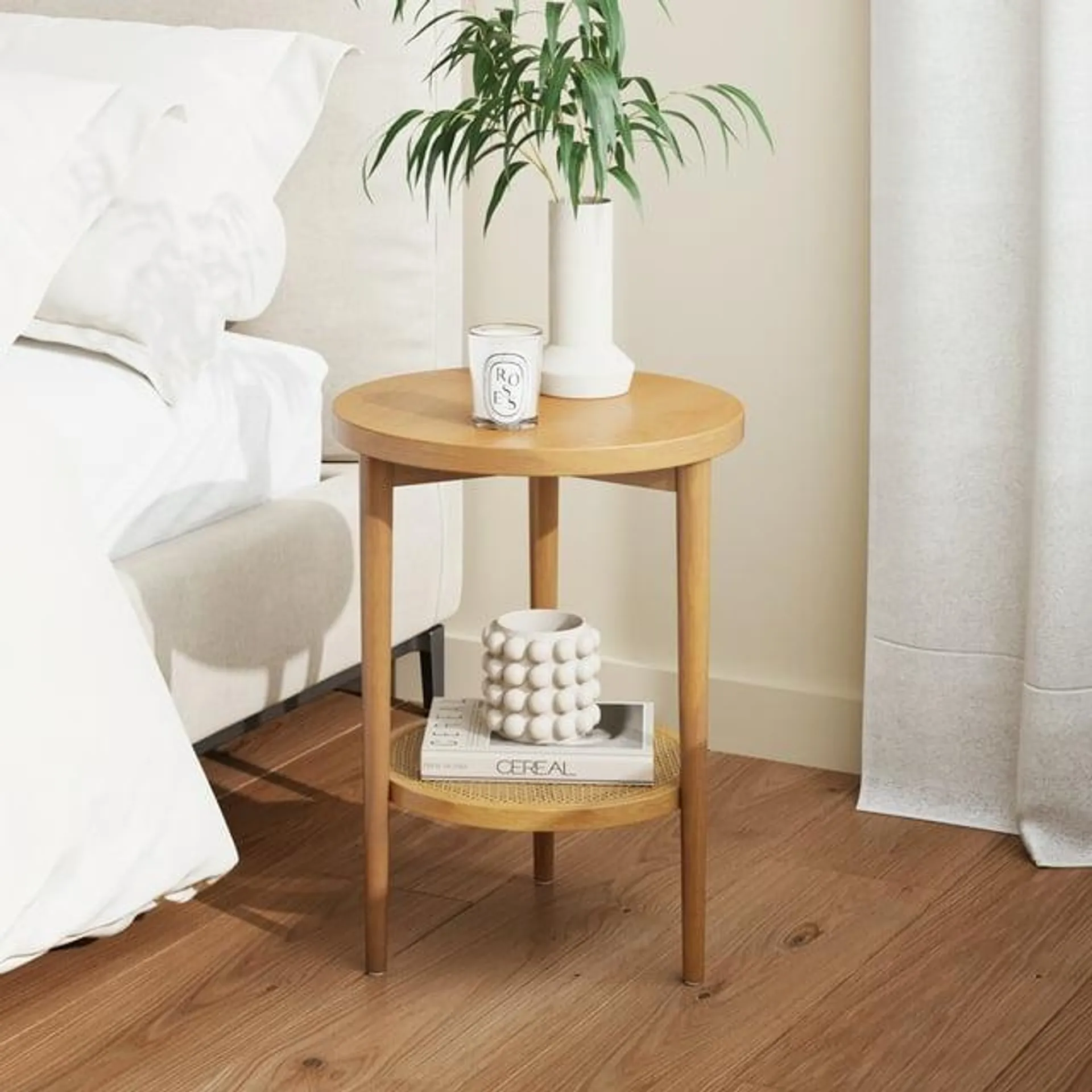 Nathan James Sonia Bohemian 2-Tier Round End Table in Light Wood With Rattan Storage Shelf