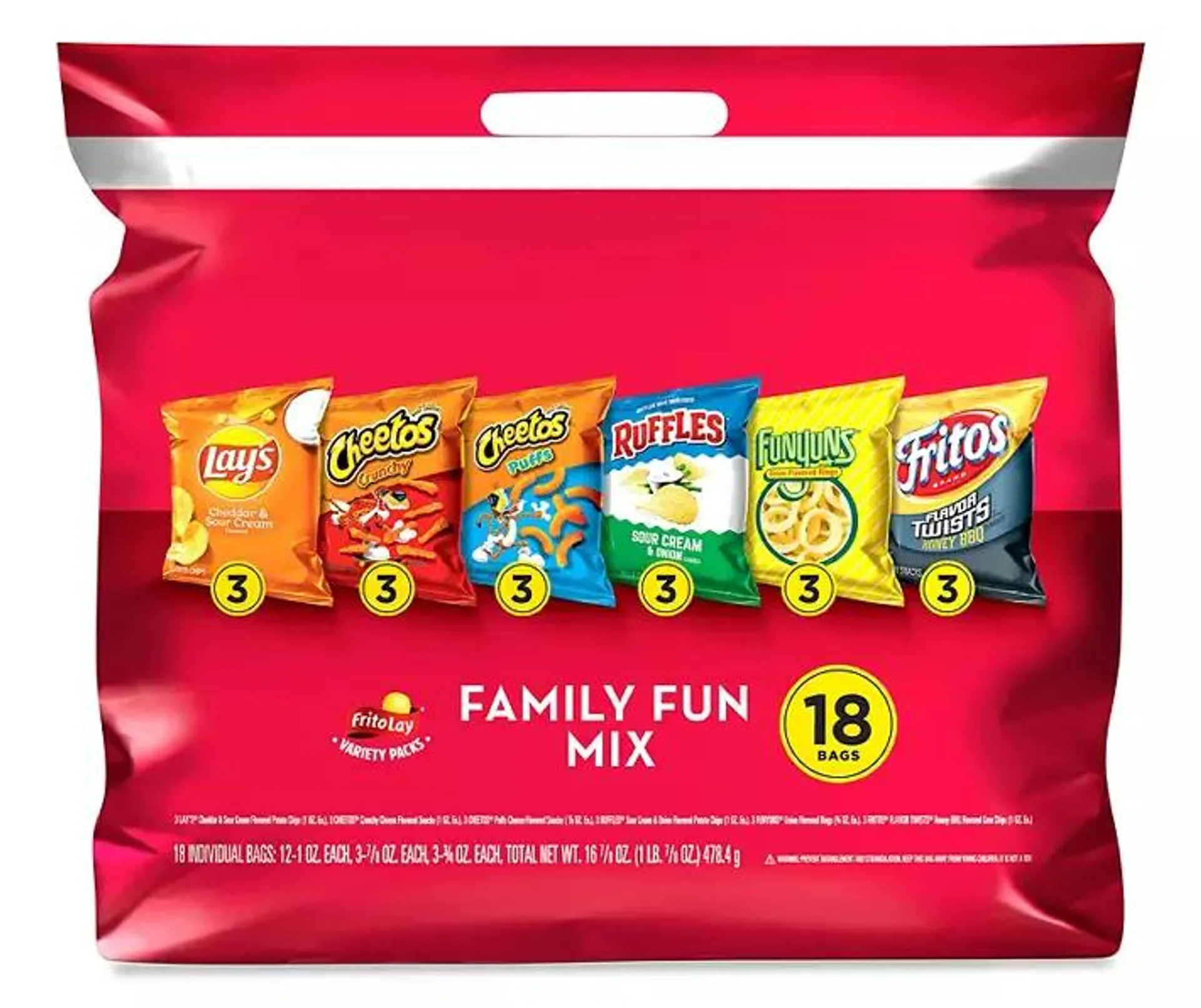 Frito Lay Snacks, Family Fun Mix Variety Pack, 18 Single Bags, 16.875 Oz