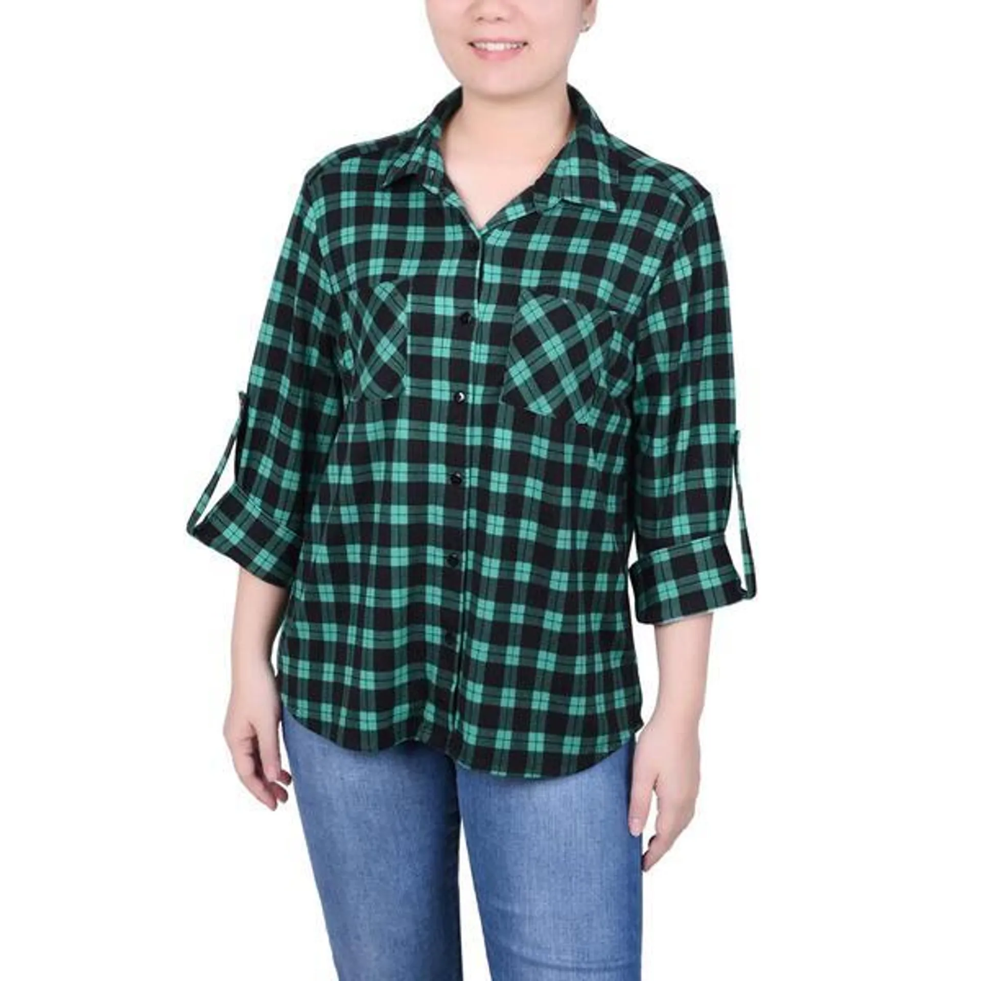 Womens NY Collection Patch Pocket Check Casual Button Down