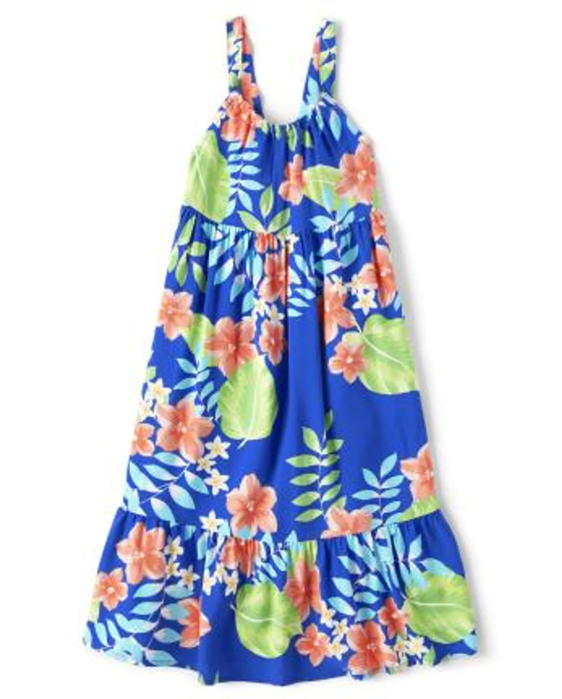 Girls Matching Family Tropical Midi Tiered Dress - cool cobalt