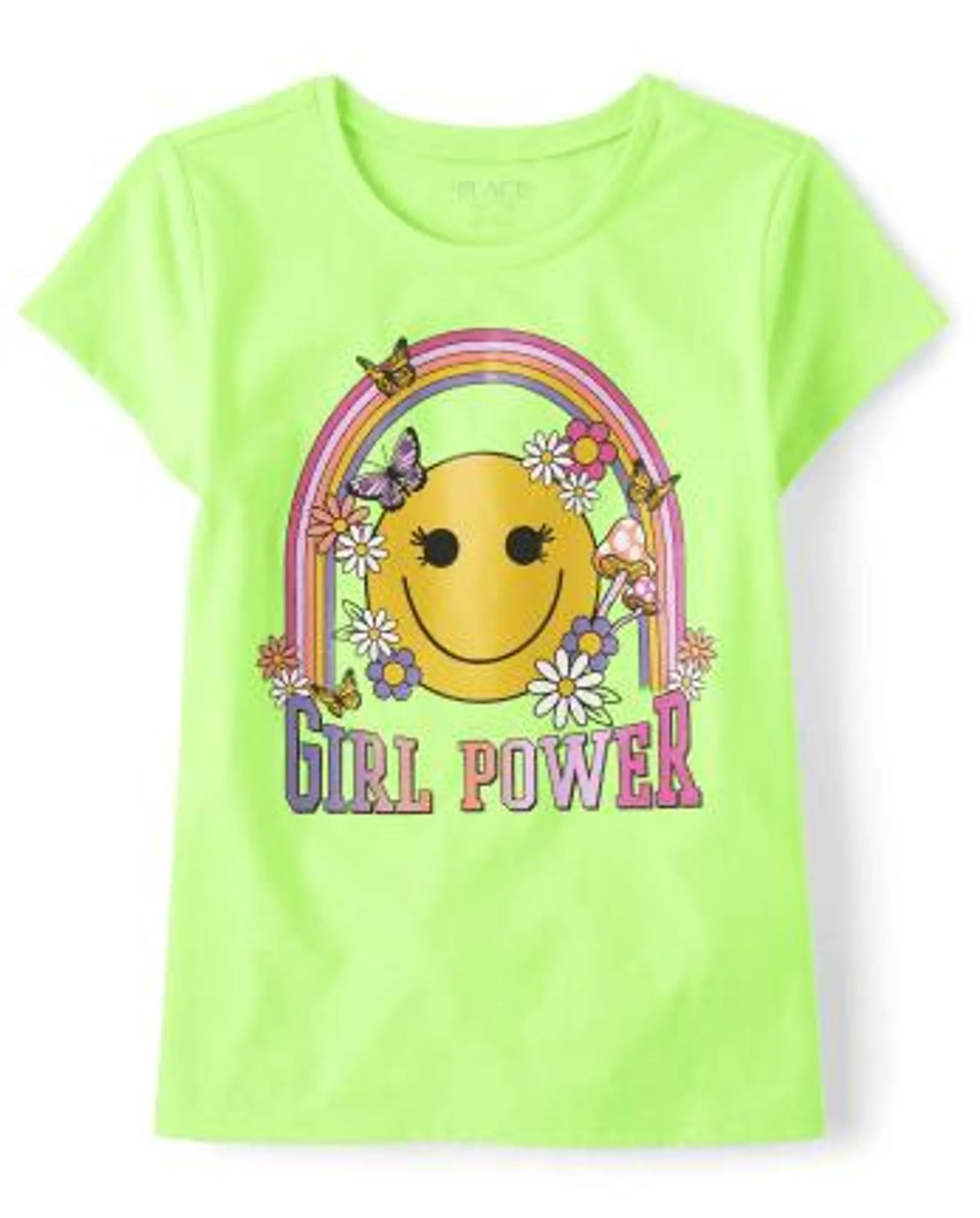 Girls Girl Power Happy Face Graphic Tee - s/d shcknggrn n