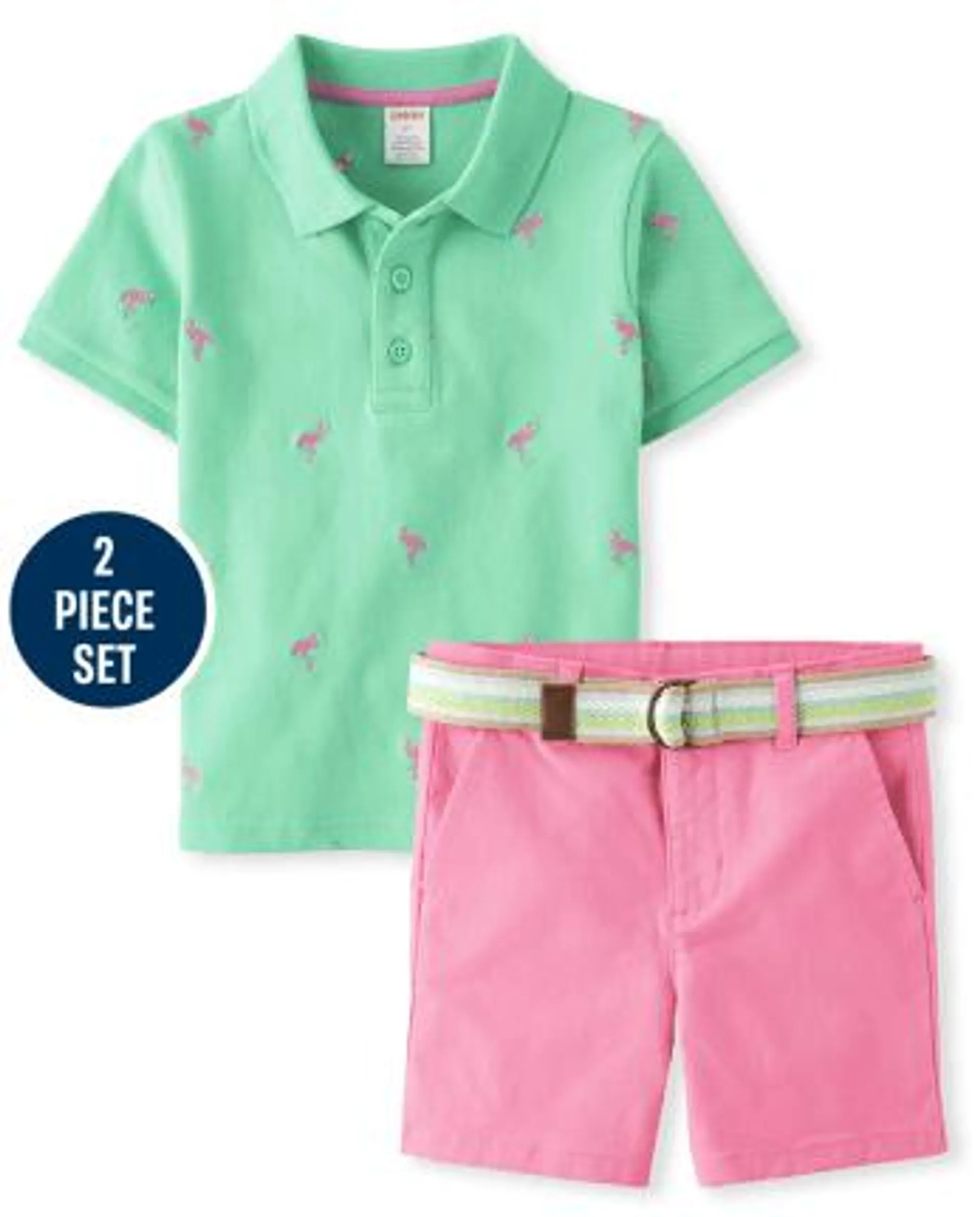 Boys Embroidered Flamingo 2-Piece Outfit Set - Seaside Palms - multi clr