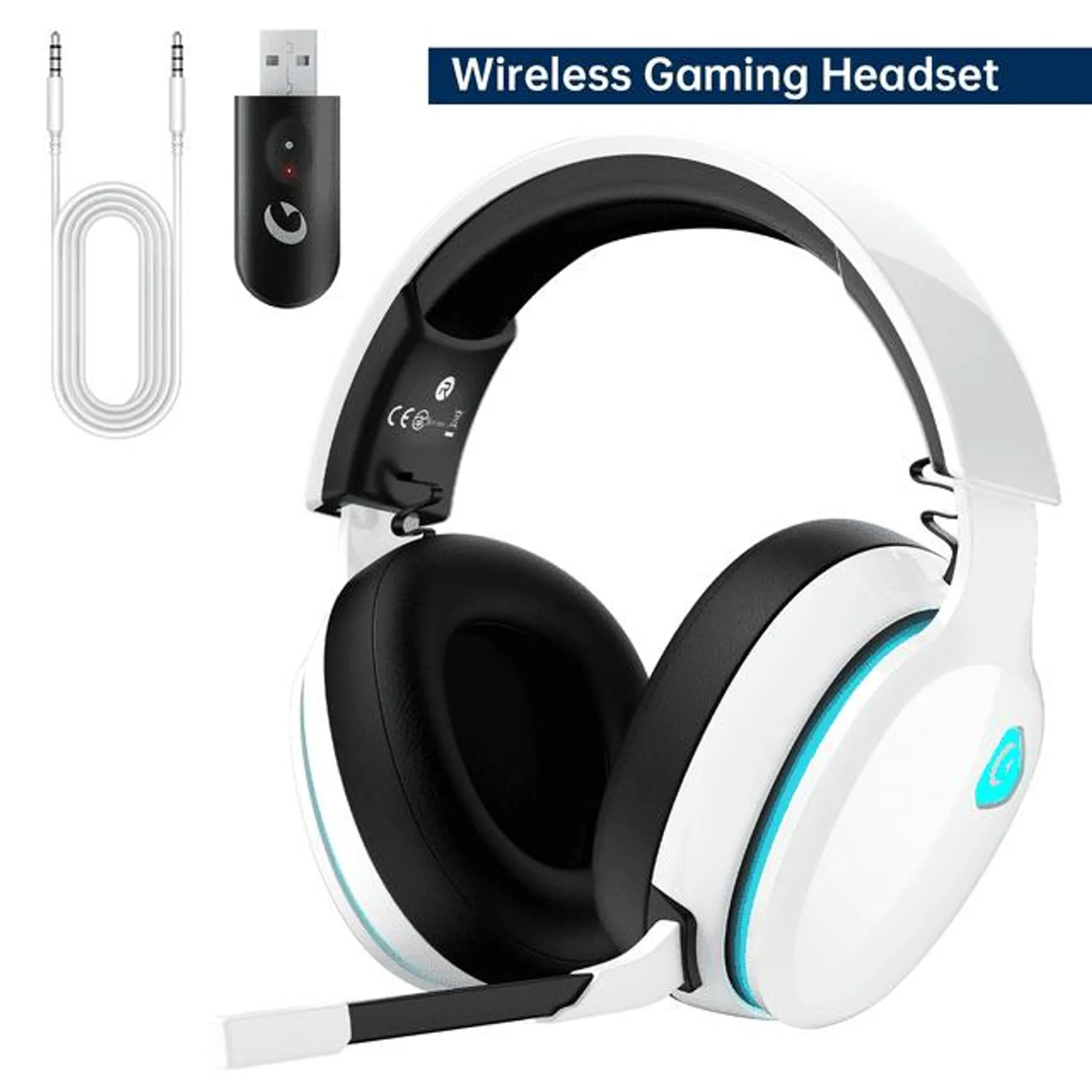 Ecomoment Wireless Gaming Headset for PS5, PS4, PC with Bluetooth 5.3, 2.4GHz USB Headphones, White