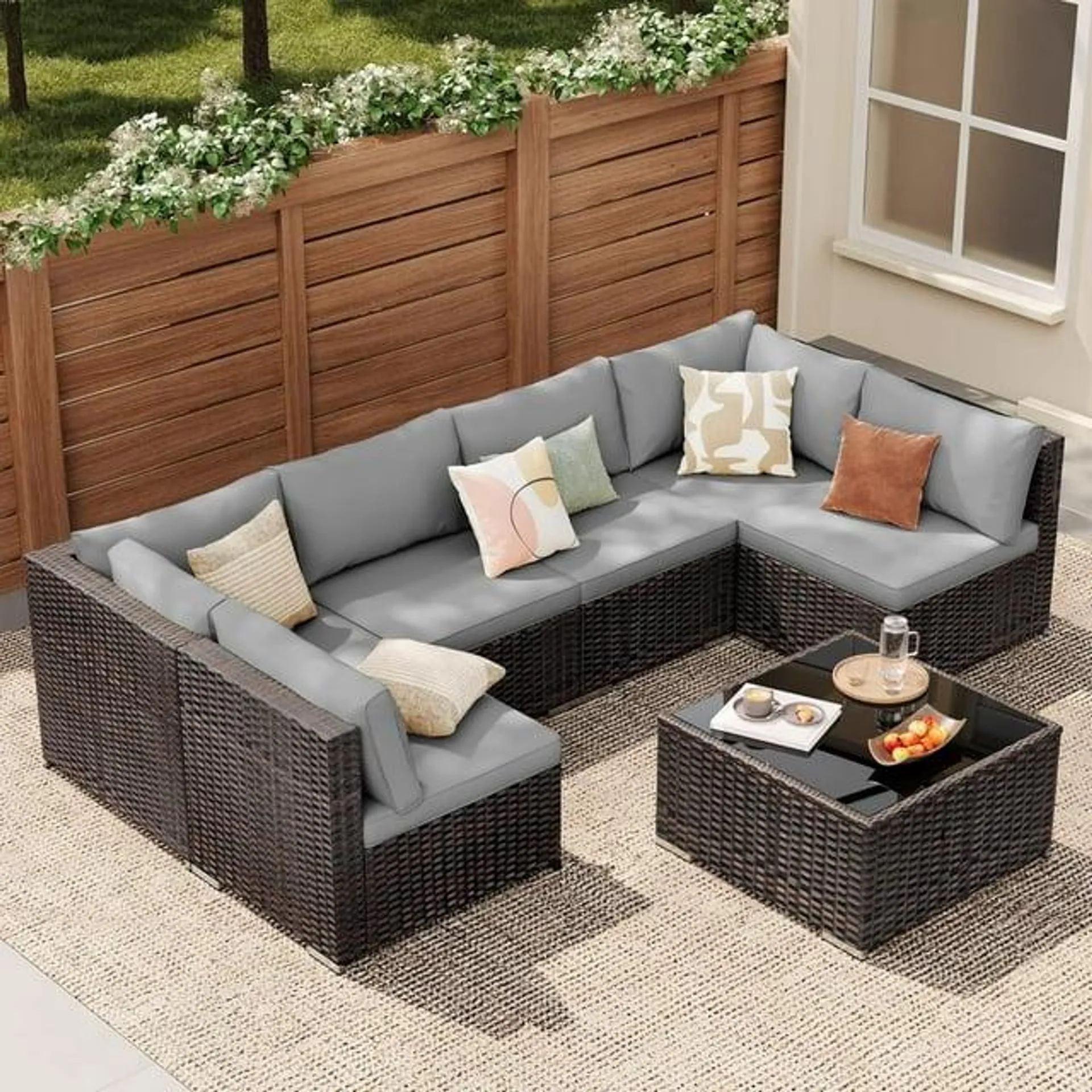 Patio Furniture Set Clearance, Lofka 7-Piece Outdoor Sectional Furniture Set with Glass Coffee Table Garden, Gray