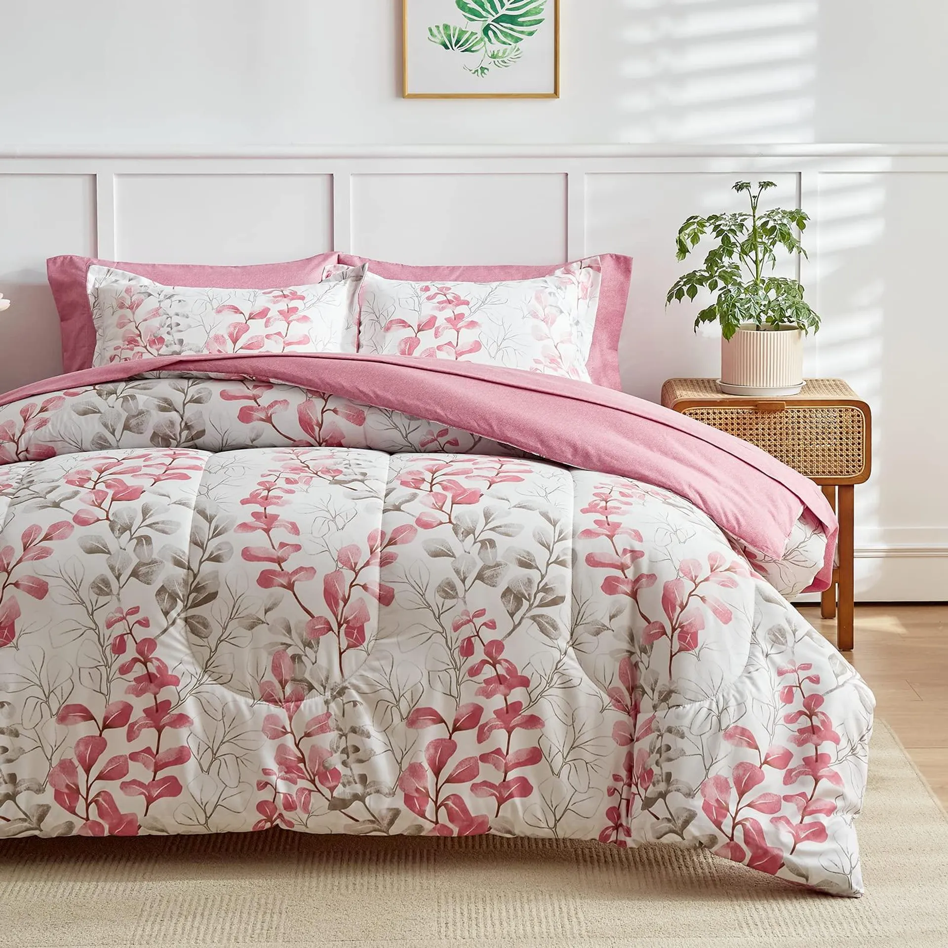 Uozzi Bedding Pink Floral Comforter Sheet Set Bed in a Bag 7 Pieces King Pink Gray Flower Leaves Bedding Set (1 Comforter 2 Pillow Shams 1 Fla