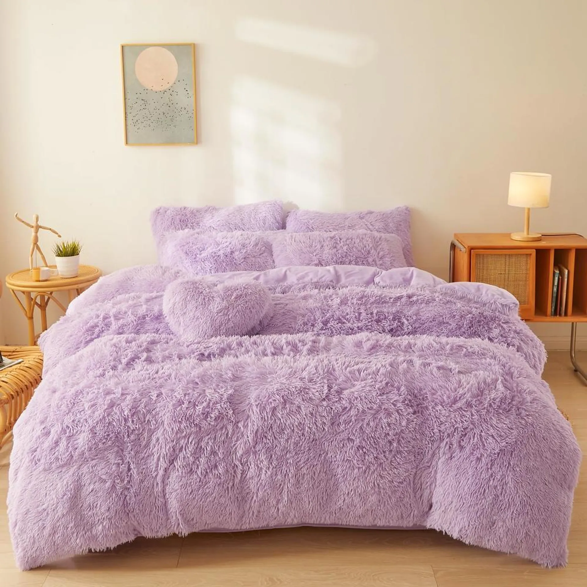 FOPPA Lilac Plush Fluffy Comforter Cover Set Queen - Ultra Soft Faux Fur Lilac Bedding Sets 3 Pieces (1 Plush Duvet Cover + 2 Sh