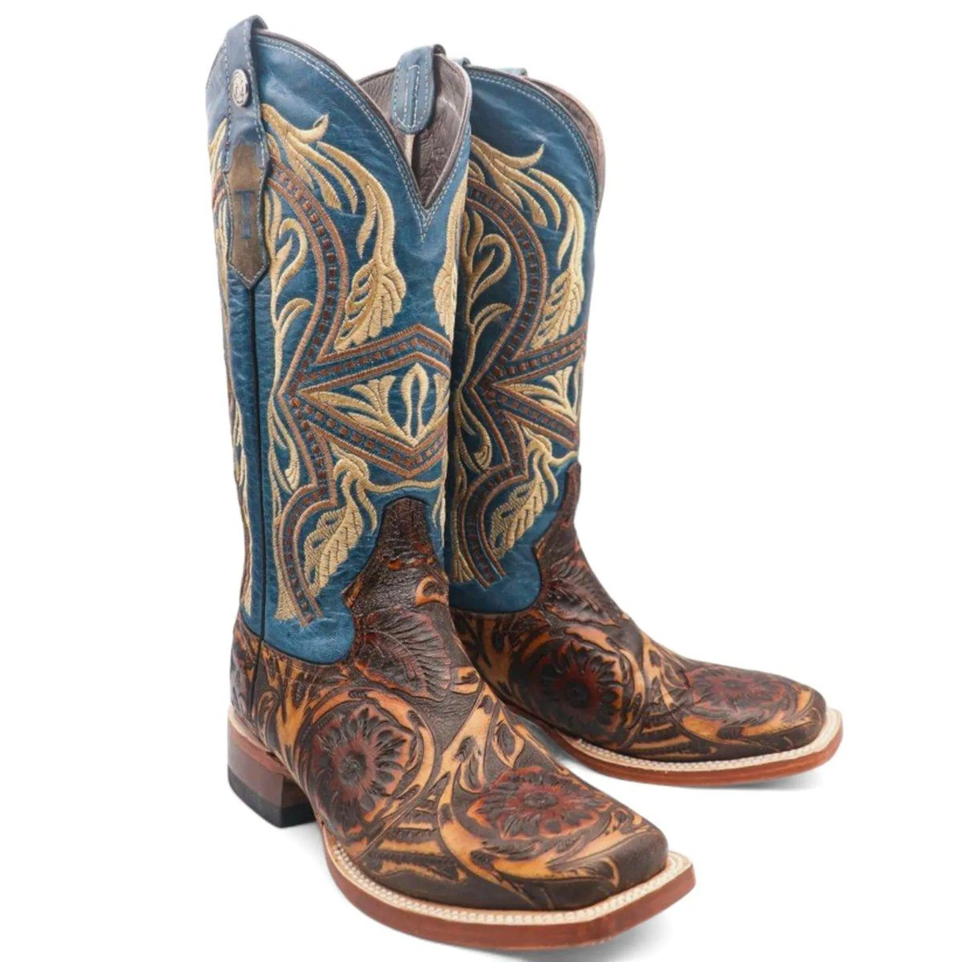 Tanner Mark Women's Jaw Dropper Hand Tooled Square Toe Leather Boots Cognac