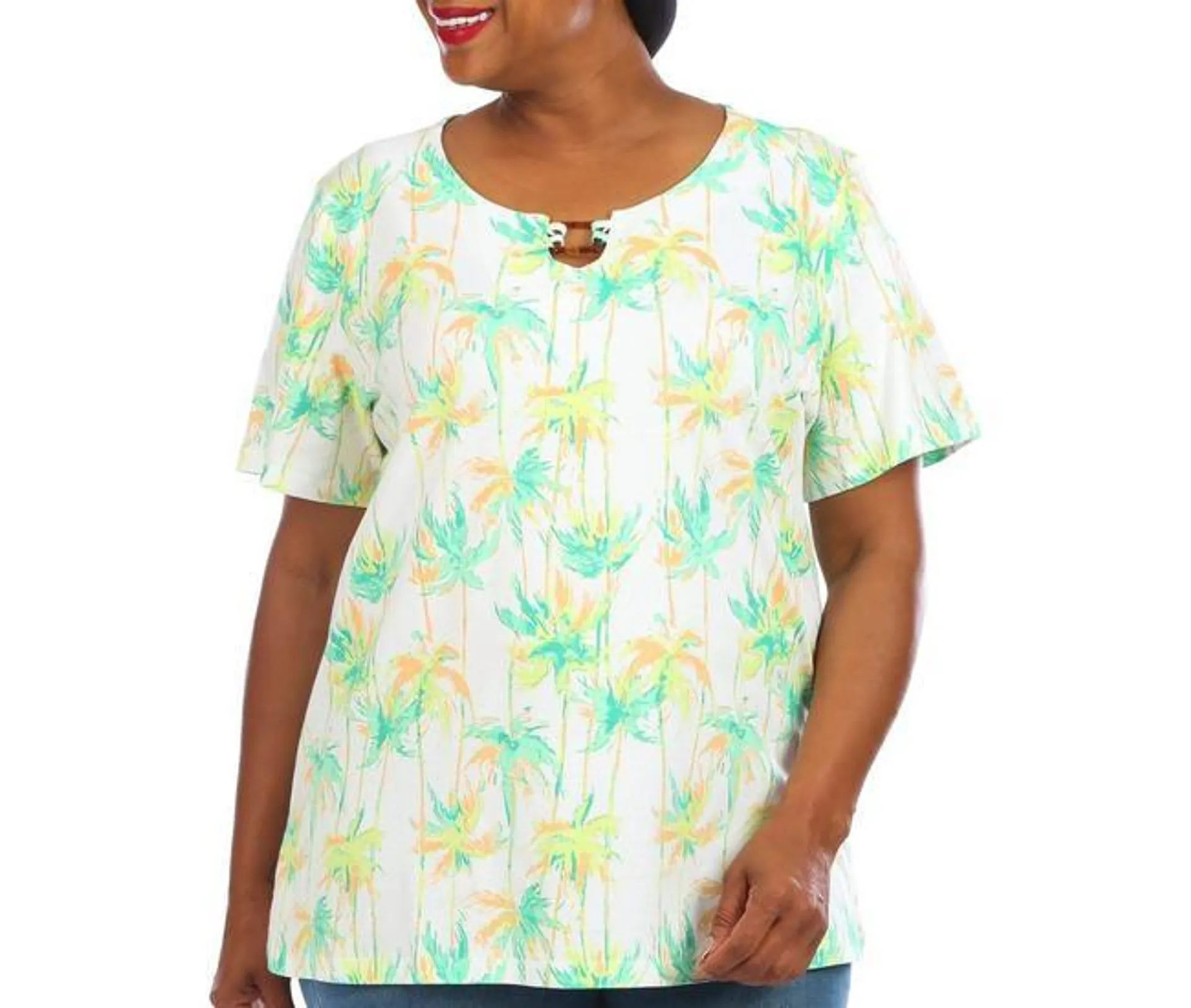 Plus Palms Square-Ring Keyhole Short Sleeve Top