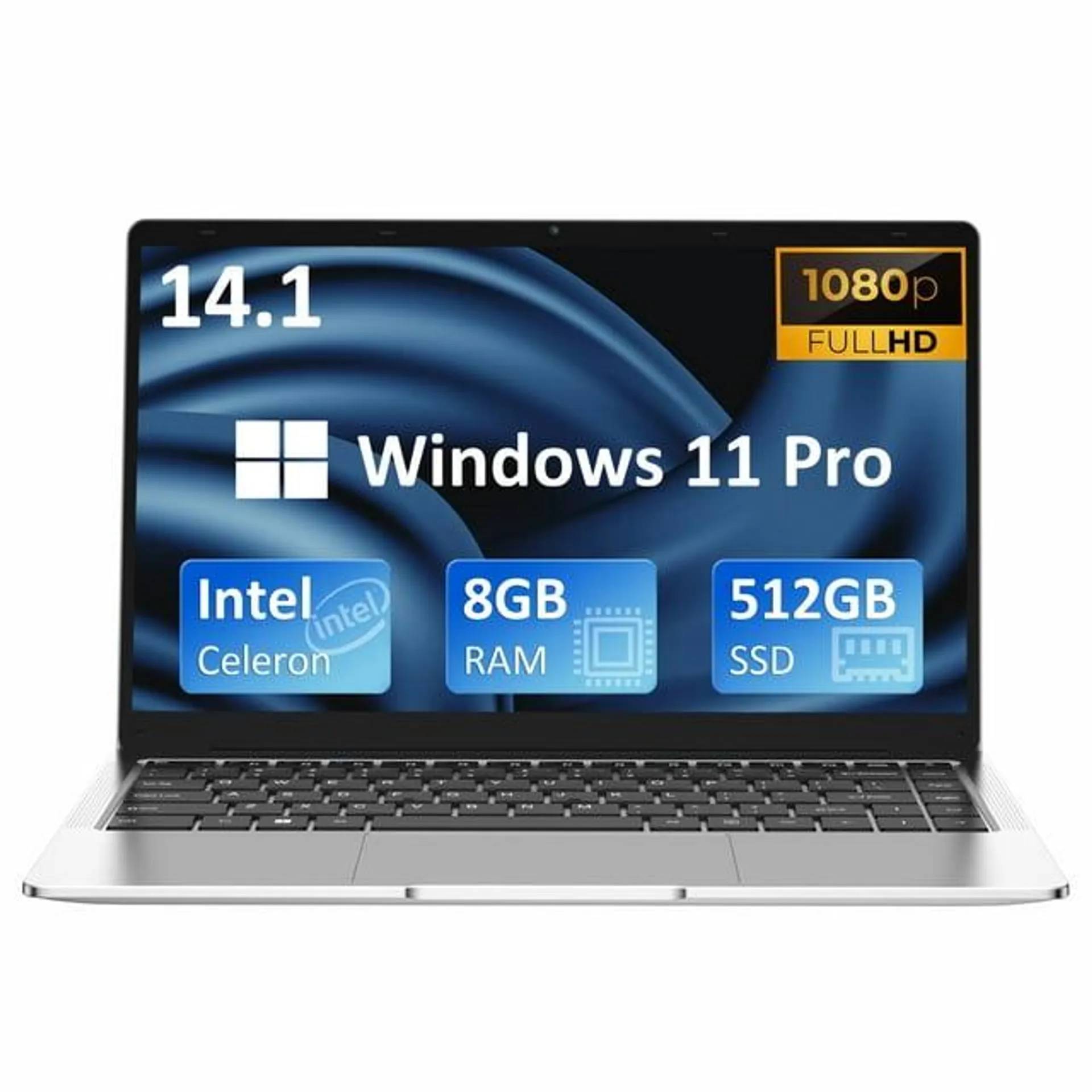 Auusda 14.1" Laptop Intel Celeron J4125(Quad-Core up to 2.7GHz), 8GB RAM, 512GB SSD, Bluetooth, Windows 11 Pro Work Computer FHD 1920*1080P, Silver