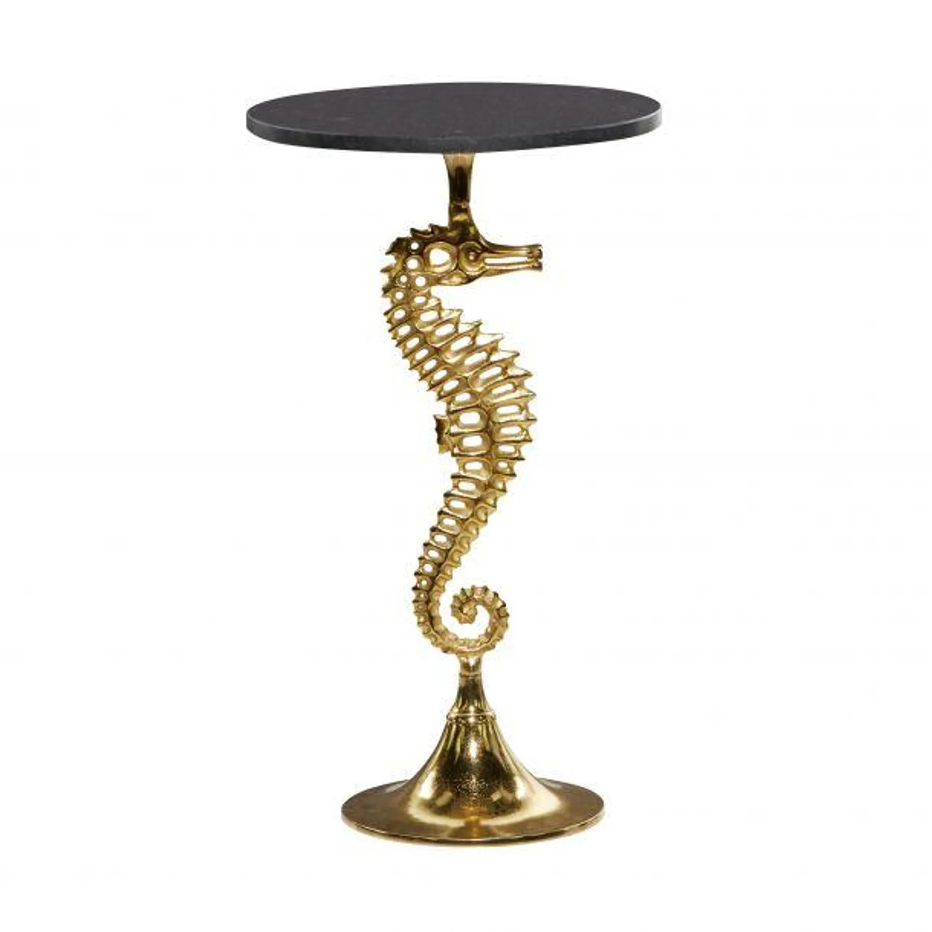 Coastal 28" Round Accent Table with Seahorse and Marble Table Top by Marisol + Daisy - Gold/Black