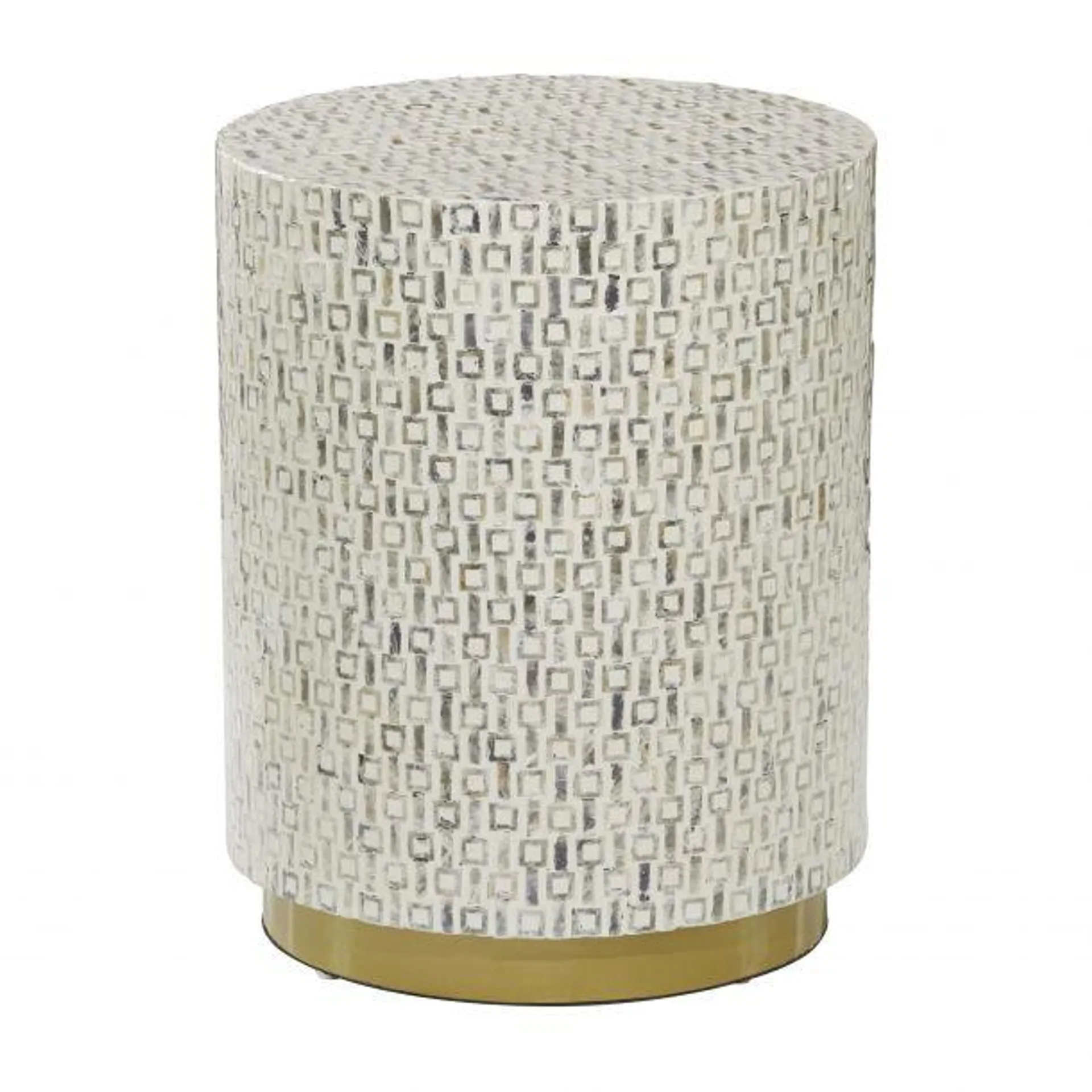 Contemporary Round White Shell and Wood Geometric Table, 22.35"H x 17.80"L x 17.80"W