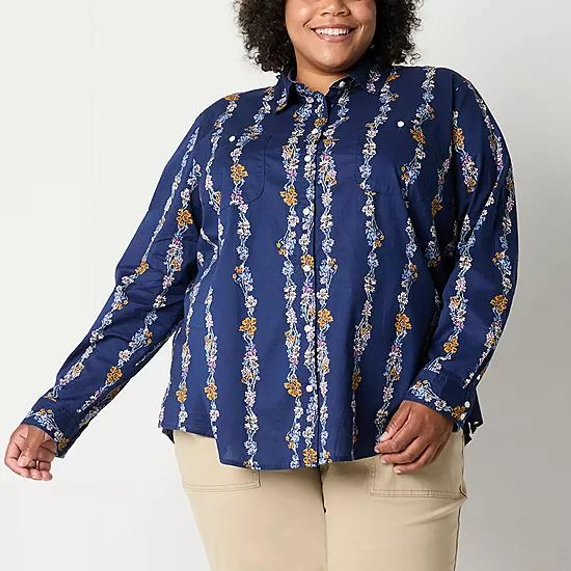 St. John's Bay Plus Womens Long Sleeve Regular Fit Button-Down Shirt