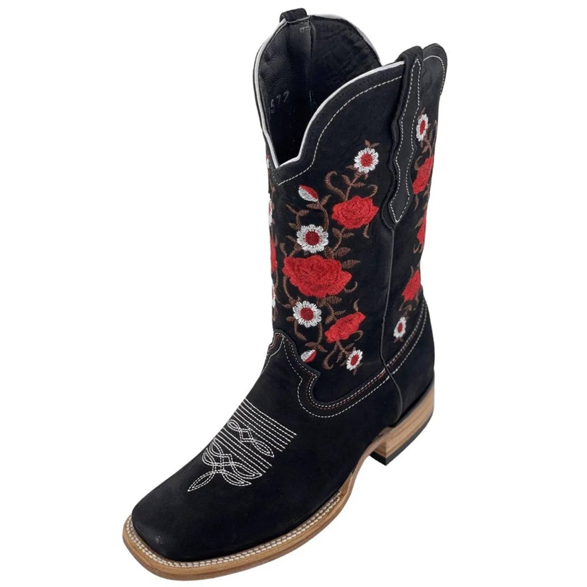 Botas de Gamuza para Dama Color Negro con Rosas Rojas LC-103