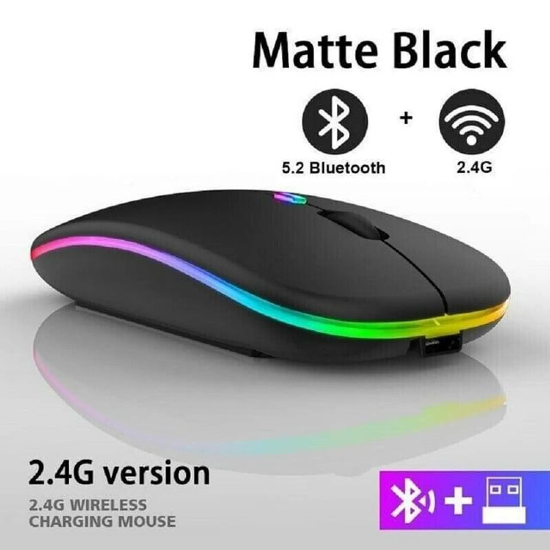 Wireless Bluetooth Mouse Rechargable LED Dual Modes For MacBook Air Pro iPad iMac Tablets PC RGB(Black)