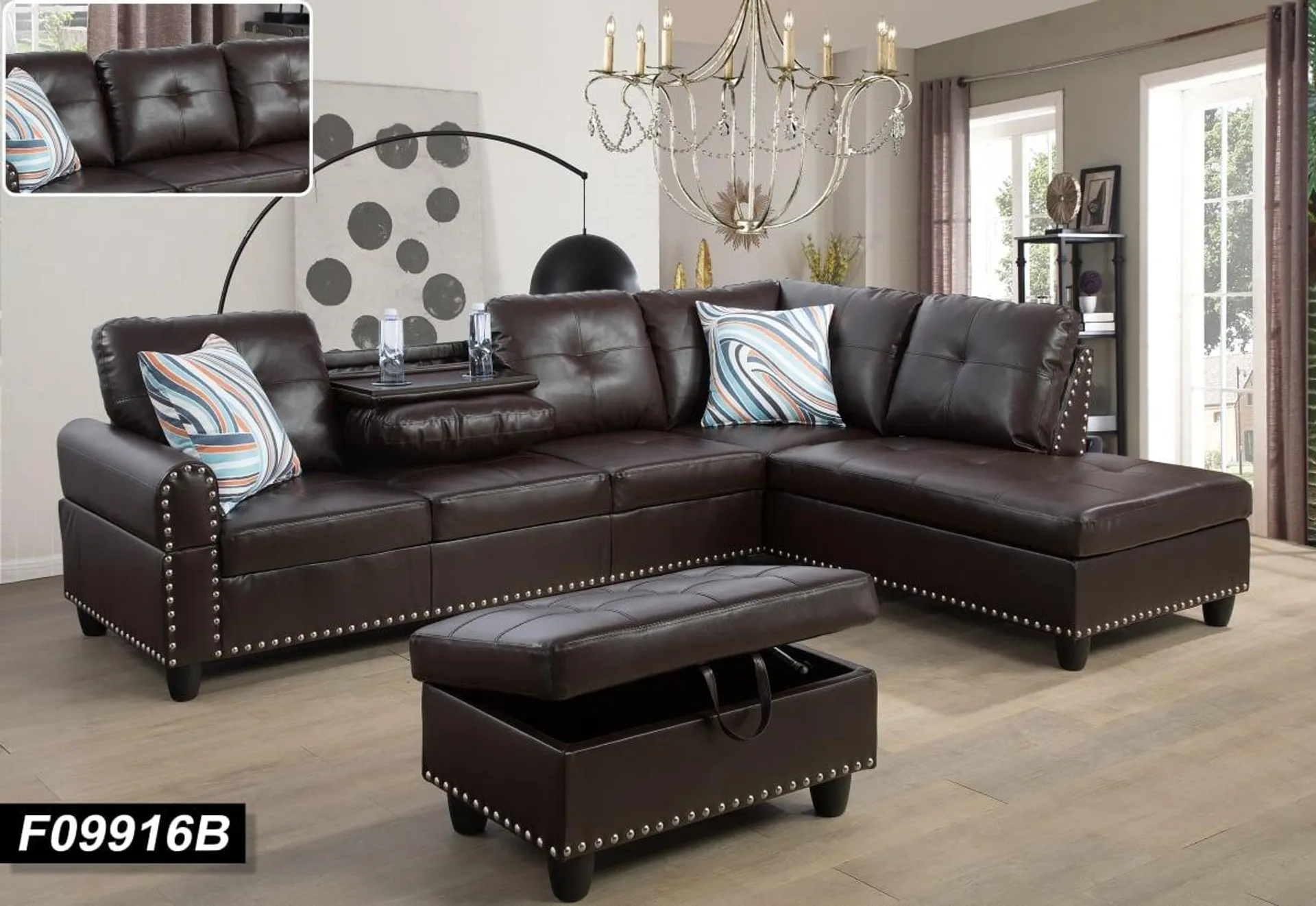 Beverly Fine Funiture F09916B Sectional Couch Sofa Set with Ottoman Right Facing Build-in Coffee Table Brown Faux Leather - 3 Piece