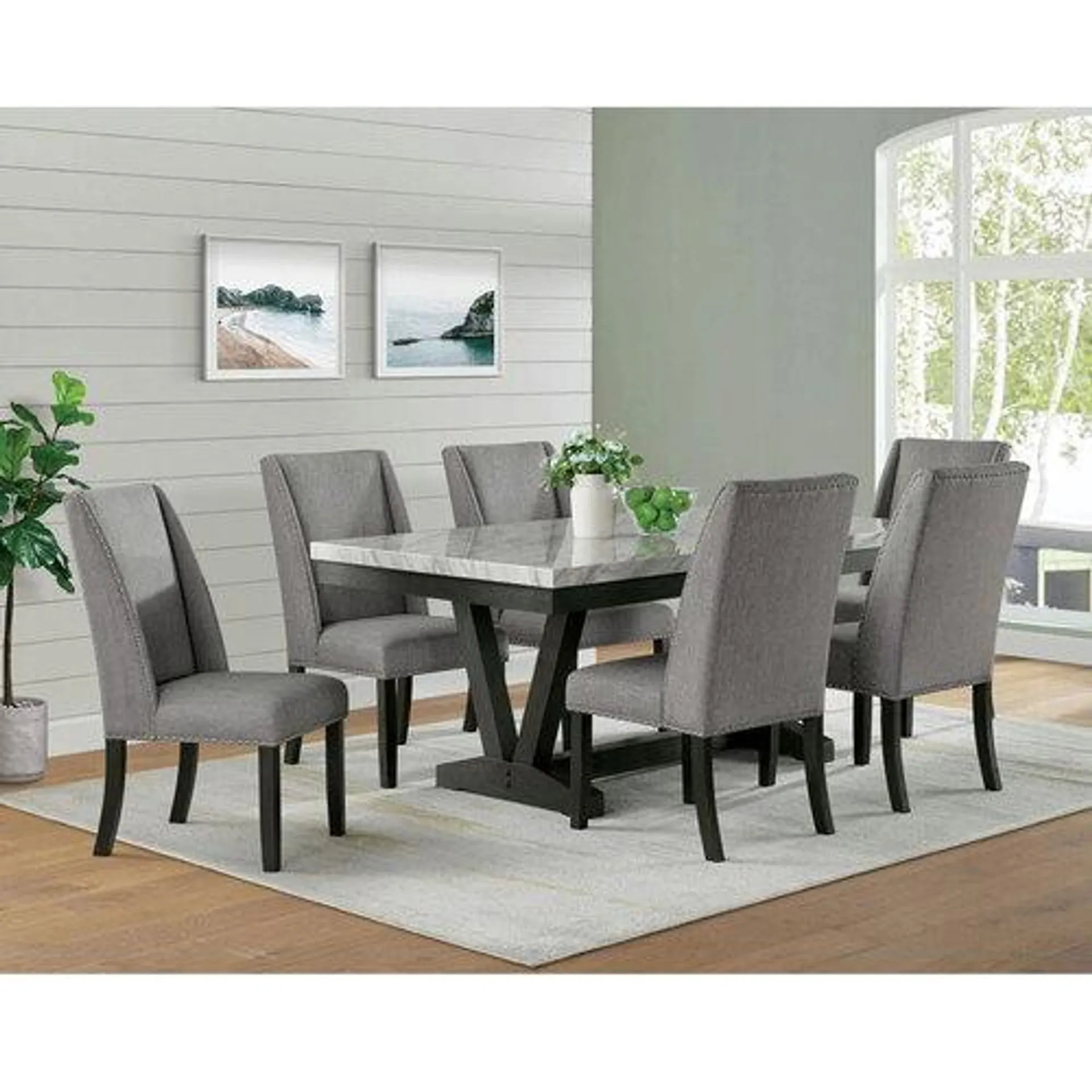 Everdeen Faux Marble Top Dining Table/Trestle Base with Six Chairs