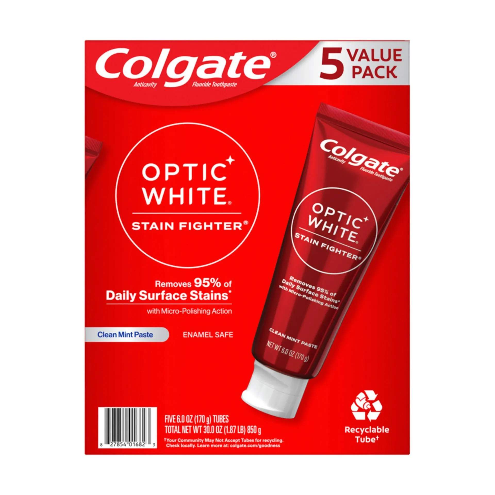 Colgate Optic White Stain Fighter Teeth Whitening Toothpaste Pack, Clean Mint Paste, 5 pk./6.0 oz.