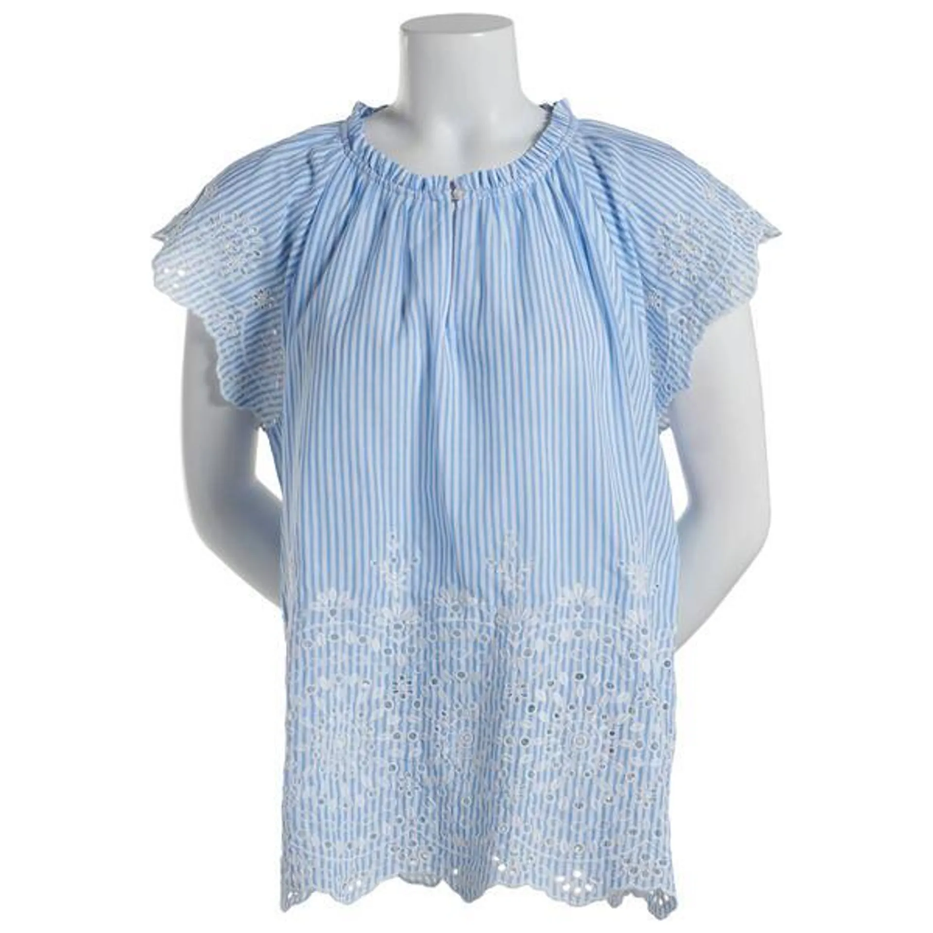 Womens Philosophy Cap Sleeve Embroidered Eyelet Stripe Blouse