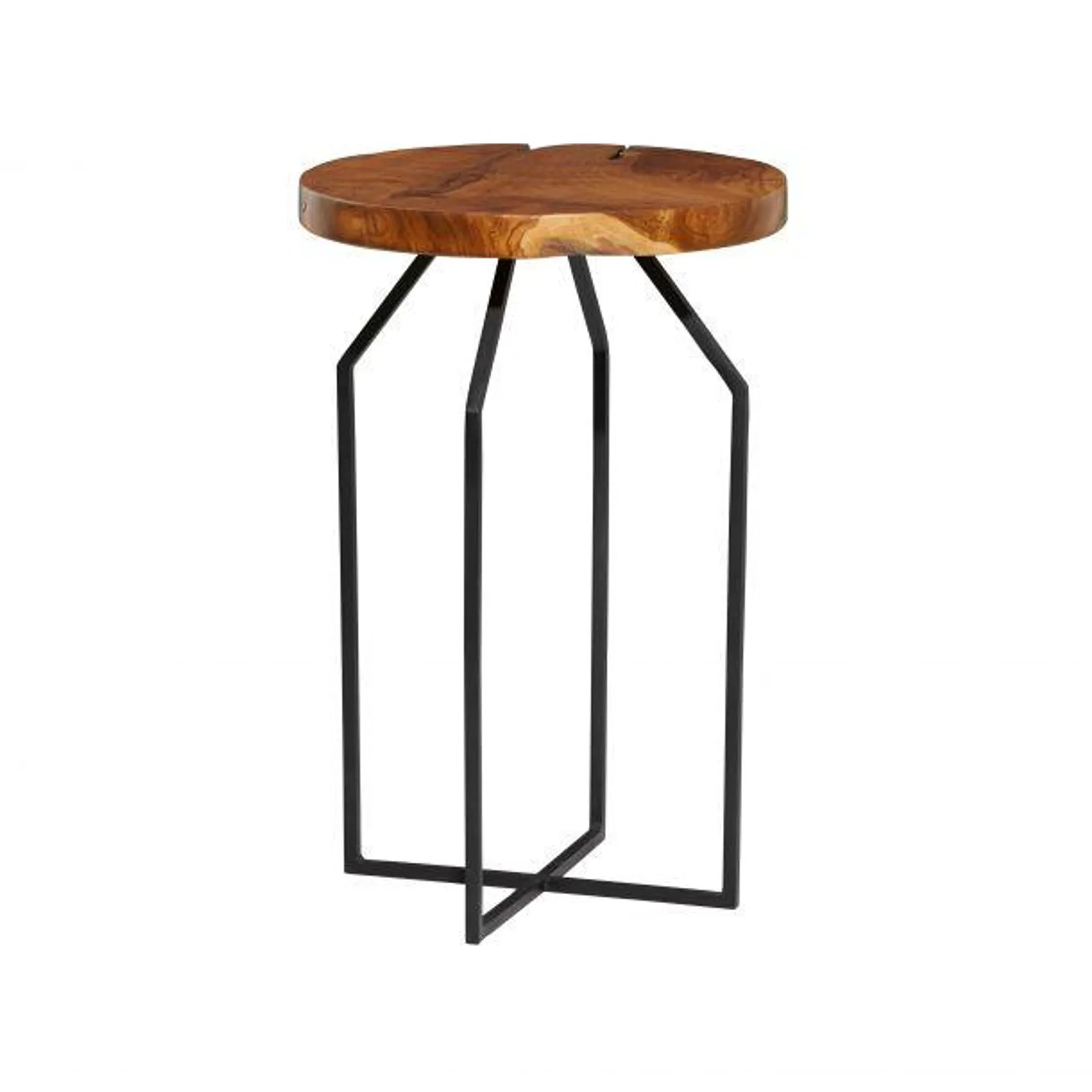 Contemporary 16" Teak Wood Round Accent Table with Black X-Shaped Base by Marisol + Daisy - Brown