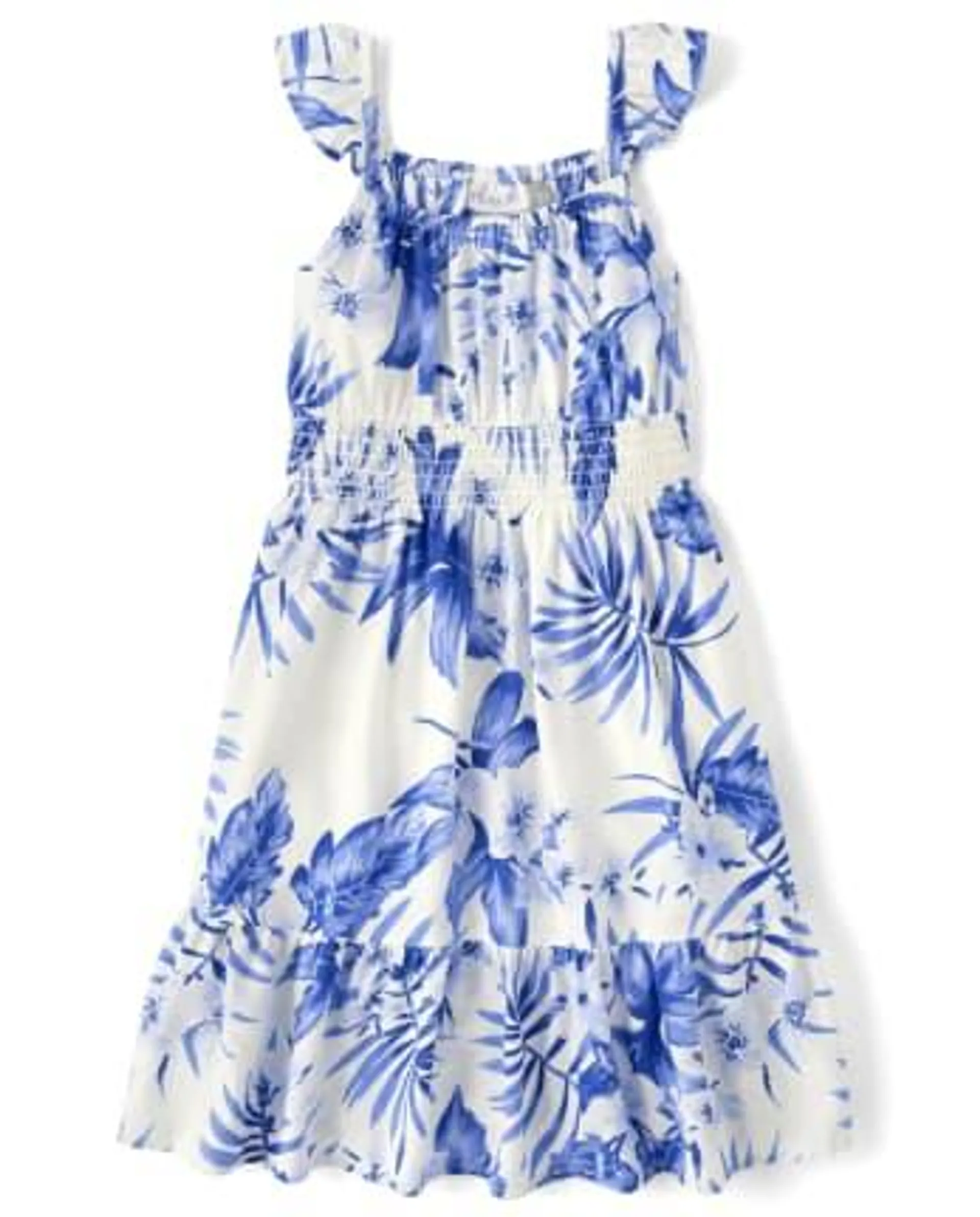 Girls Matching Family Tropical Smocked Ruffle Dress - simplywht