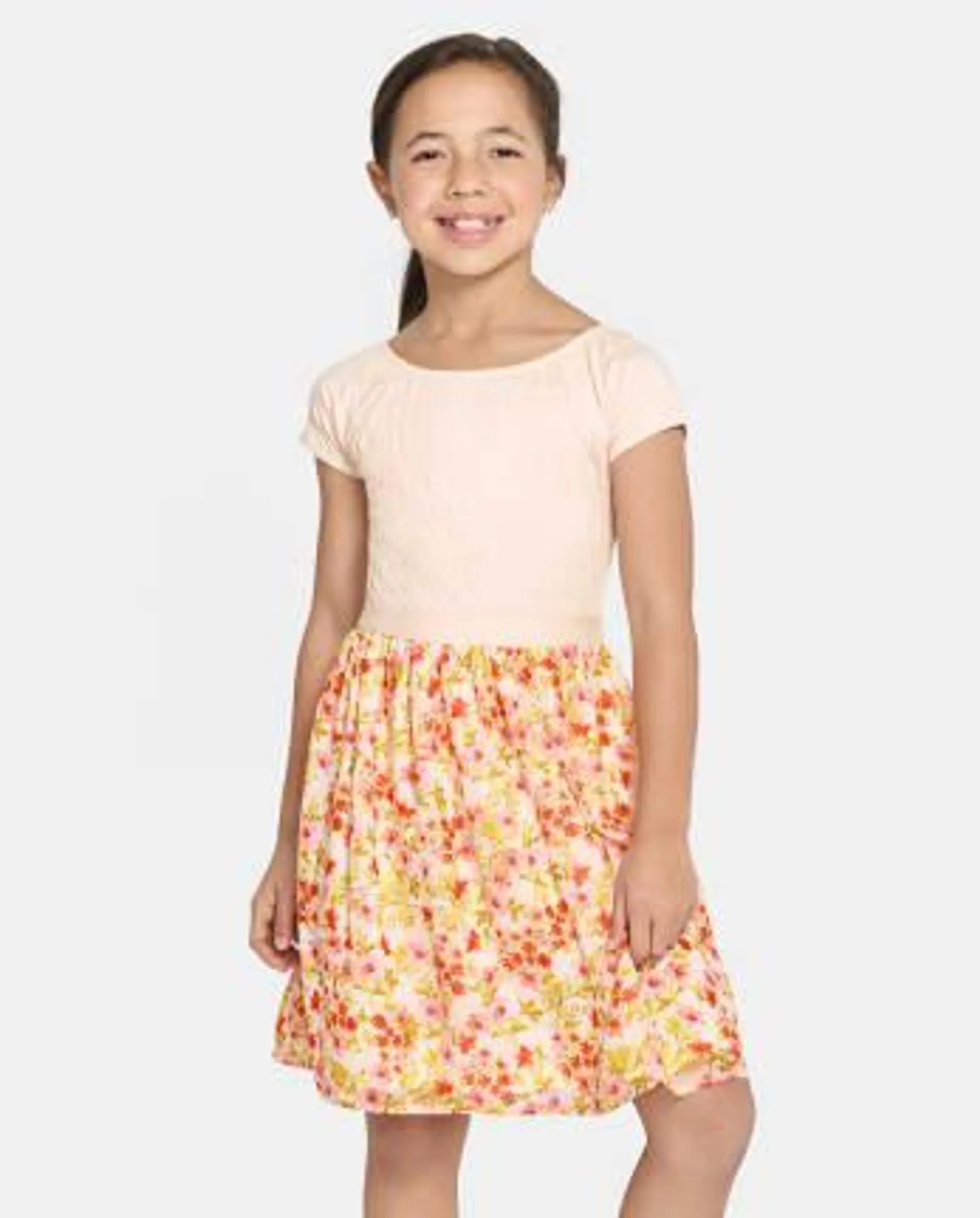 Girls Mommy And Me Floral Smocked Fit And Flare Dress - rosebud