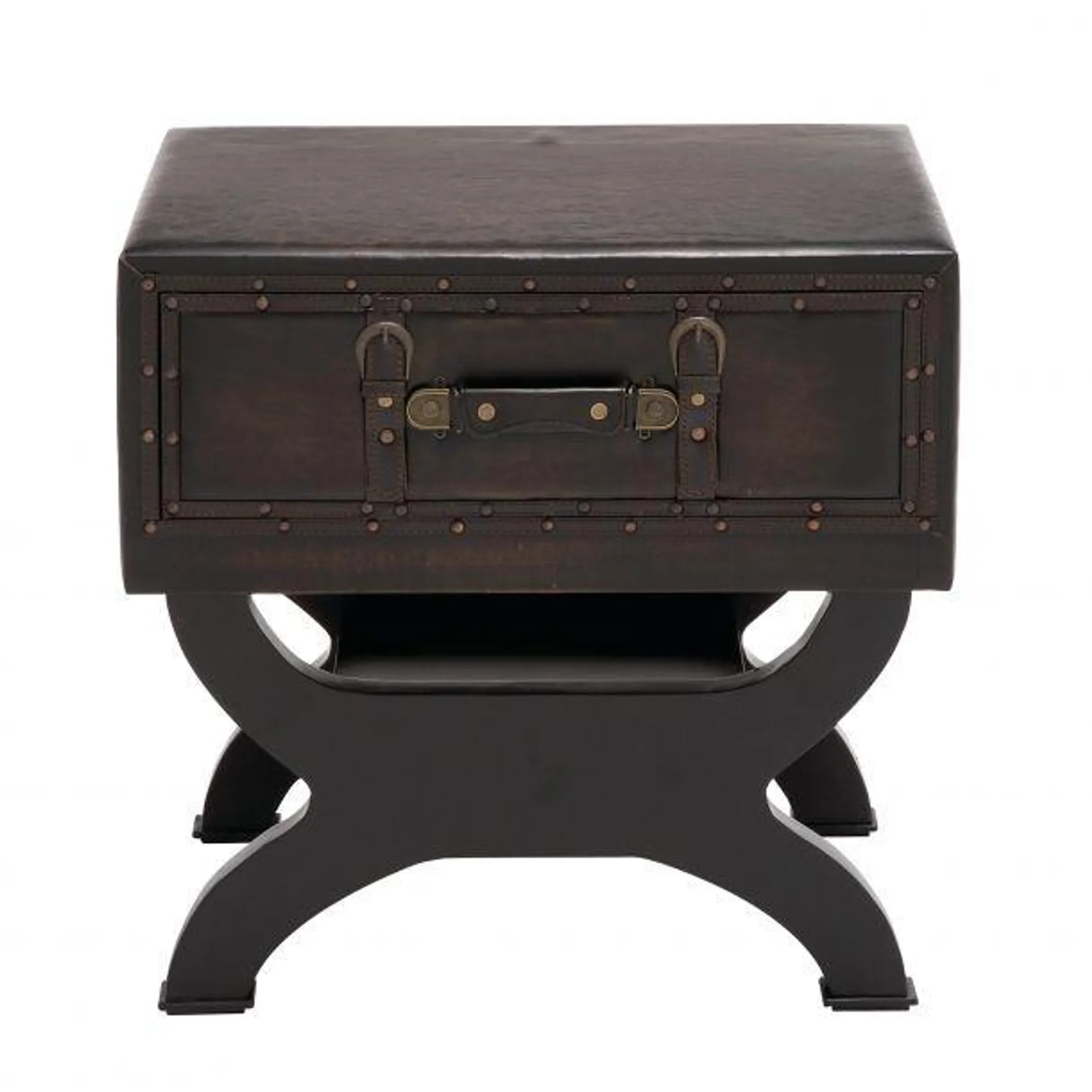 Brown Wood and Faux Leather Traditional Accent Table, 22x22x16