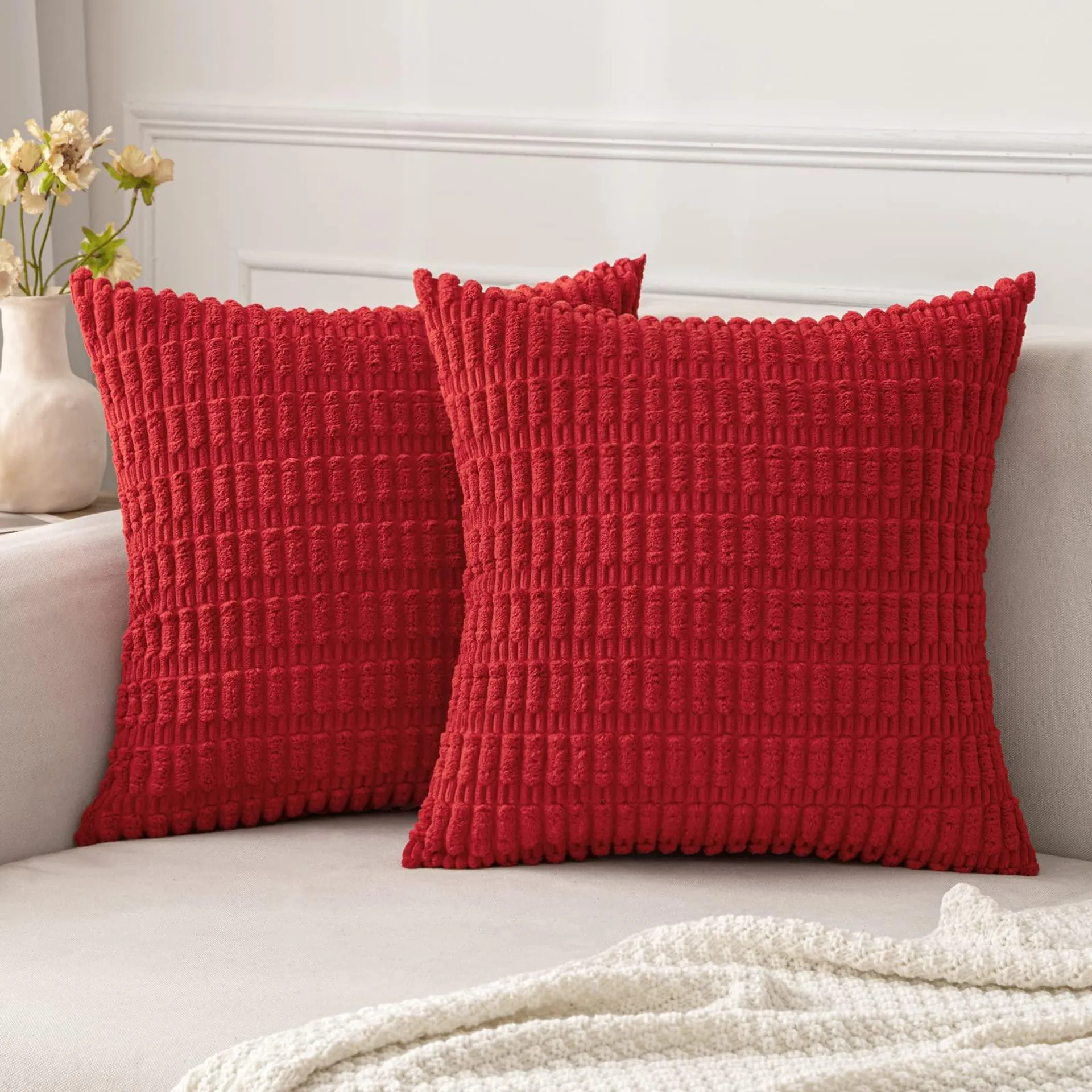 MIULEE Pack of 2 christmas Red corduroy Decorative Throw Pillow covers 24x24 Inch Soft Boho Striped Pillow covers Modern Farmhou