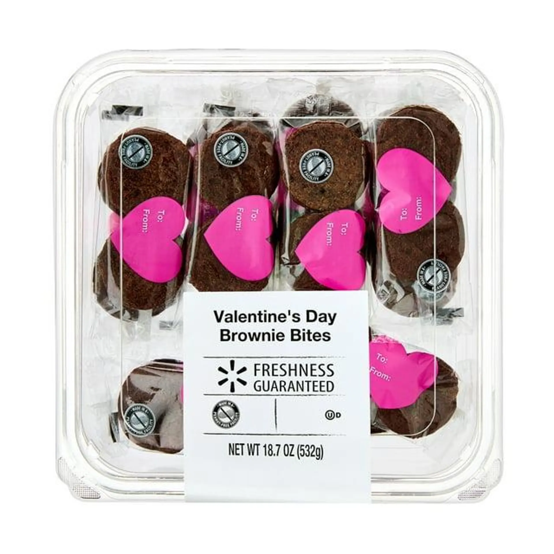 Freshness Guaranteed Valentine 2-Pack Mini Brownies Tub, 18.7 oz, 14 Count, Baked, Soft, Baked, Shelf-stable