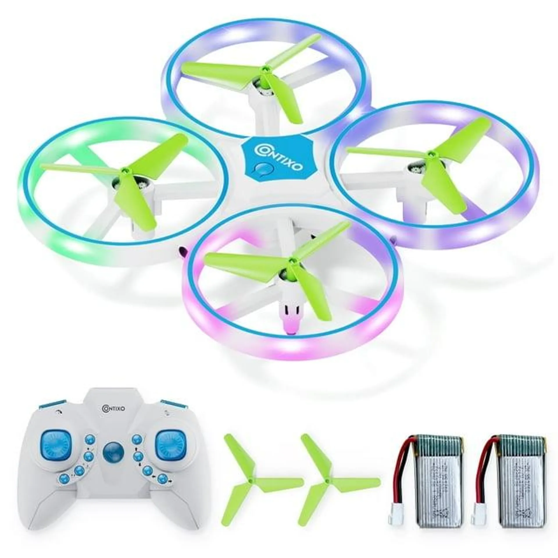 Contixo Dragonfly Mini Drone for Kids 8-12,&nbsp;Auto Takeoff/Landing, Altitude Hold, 360°Stunts, Colorful LED Lights, RC Quadcopter, x2 Batteries, 16 Min Flight, Propellers Full Protects Toy - Blue