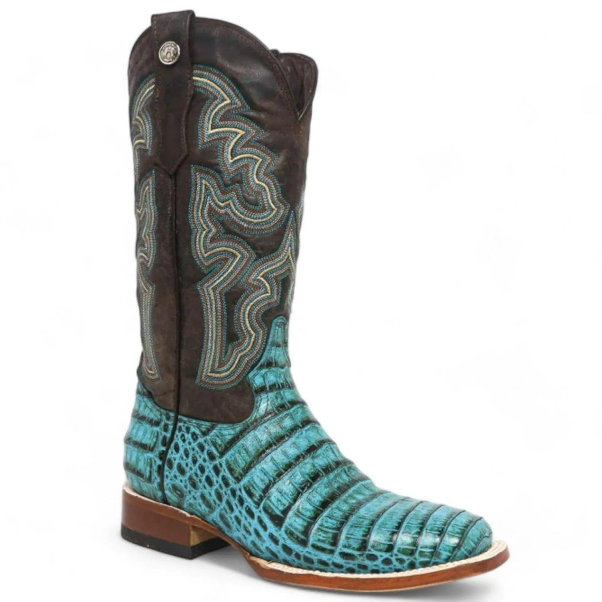 Tanner Mark Women's 'Agave Sky' Print Caiman Belly Square Toe Boots Turquoise