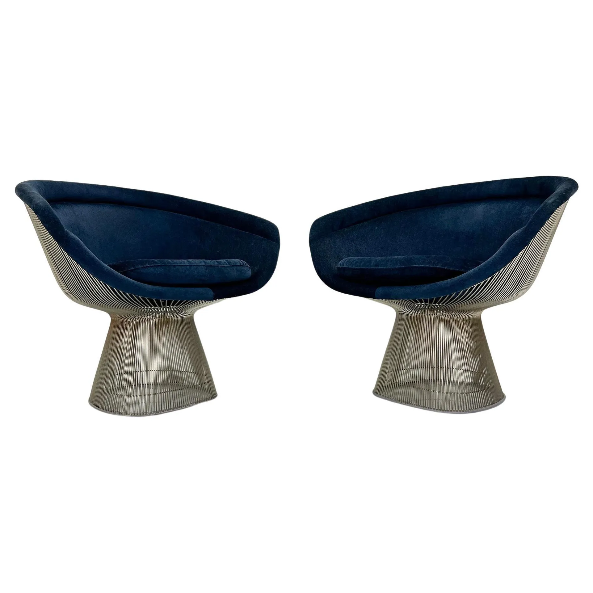 Warren Platner Lounge Chairs in Sapphire Velvet, A Pair