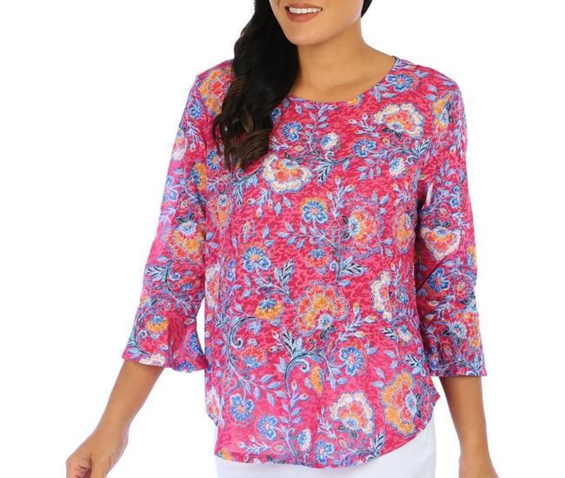 Womens Floral Print Sharkbite 3/4 Sleeve Top
