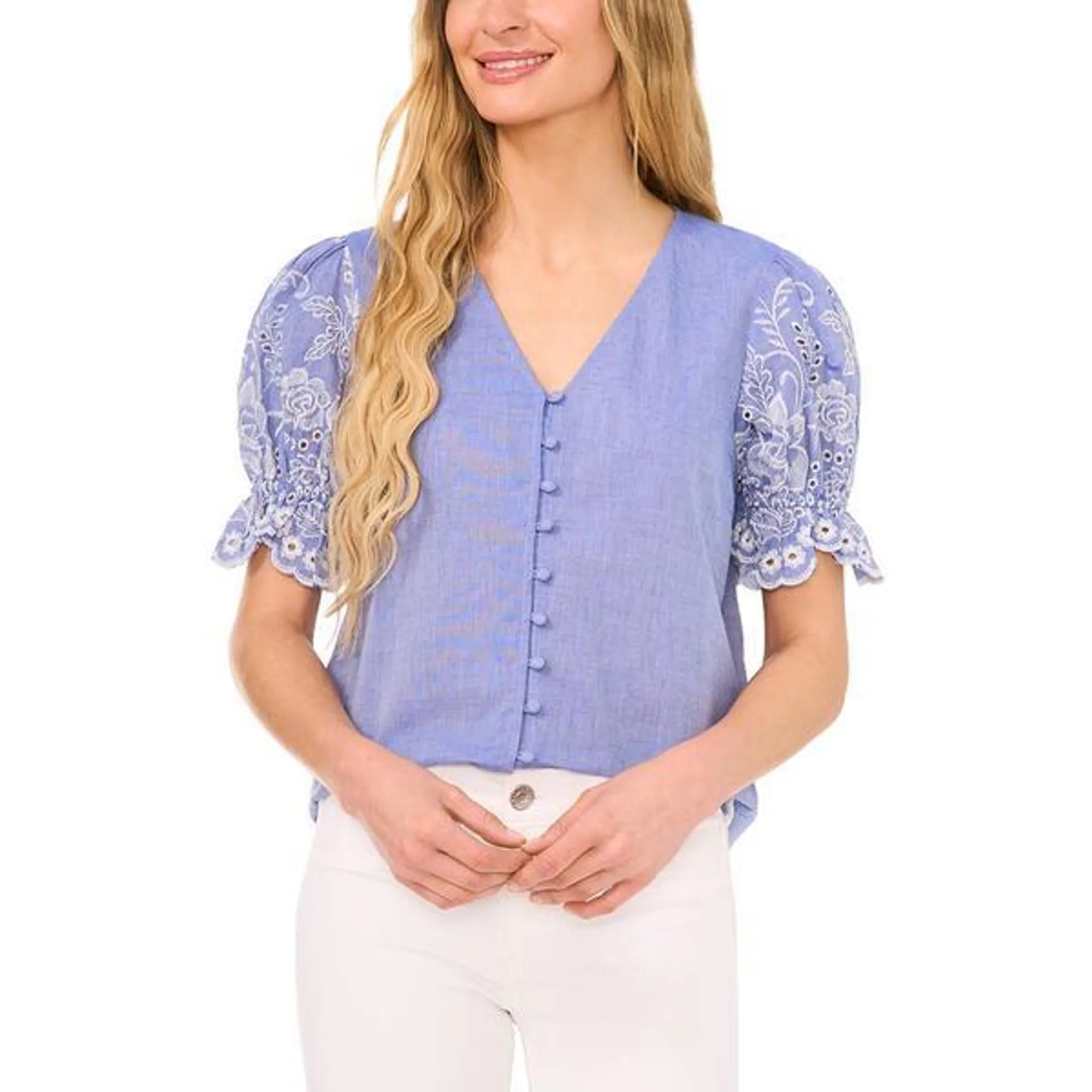 Womens Cece Short Sleeve V-Neck Button Down Ruffle Blouse