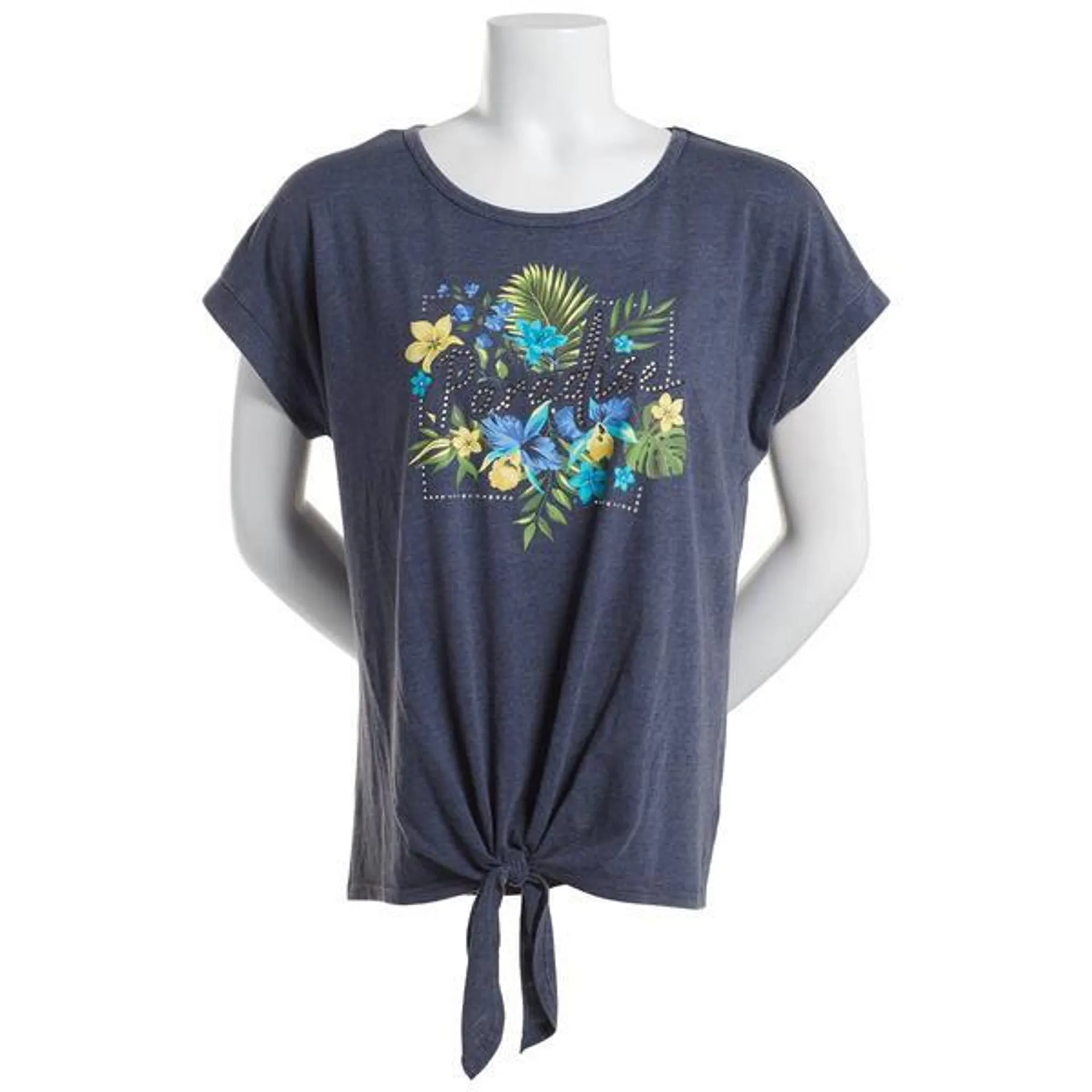 Womens Tru Self Tie Front Flower Palm Dolman Graphic Tee