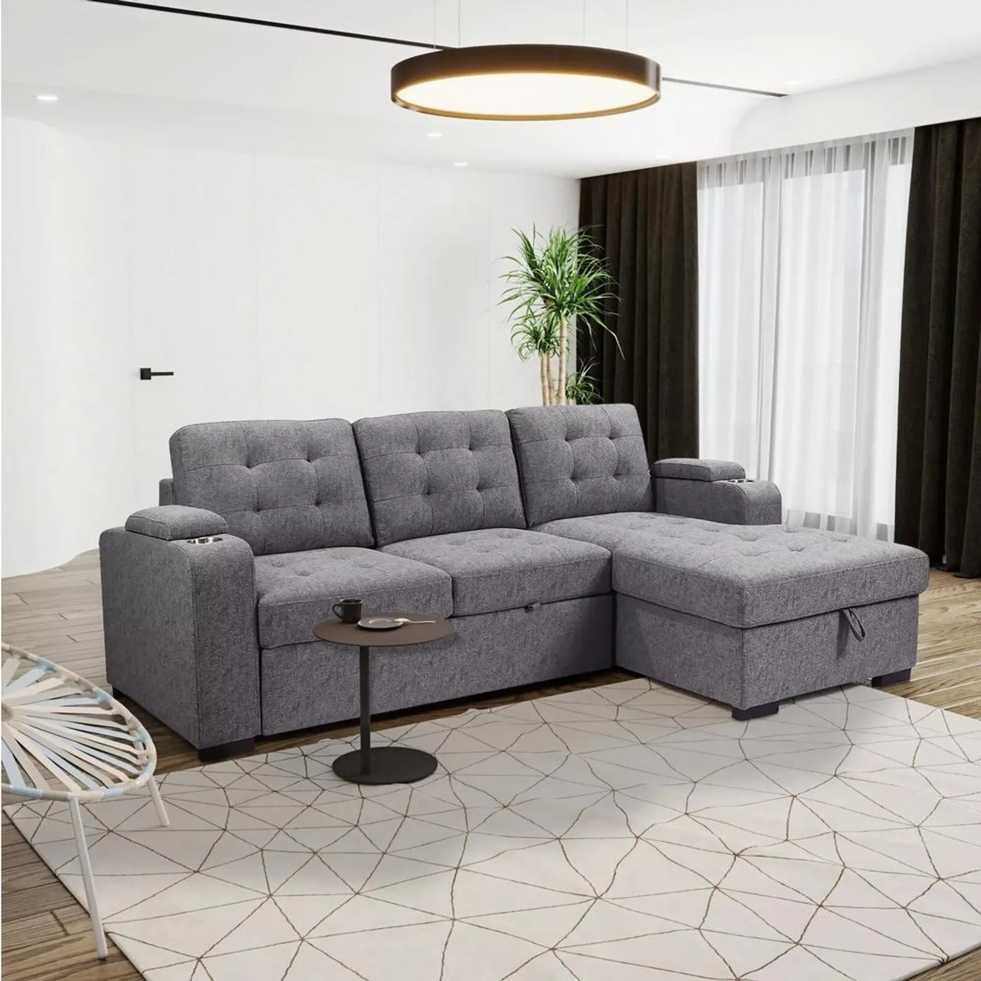 Esofastore Gray Tufted Sleeper Sectional Sofa Bed w/ Storage Chaise, Cup Holders, Living Room Convertible L-Shaped Sleeper Couch