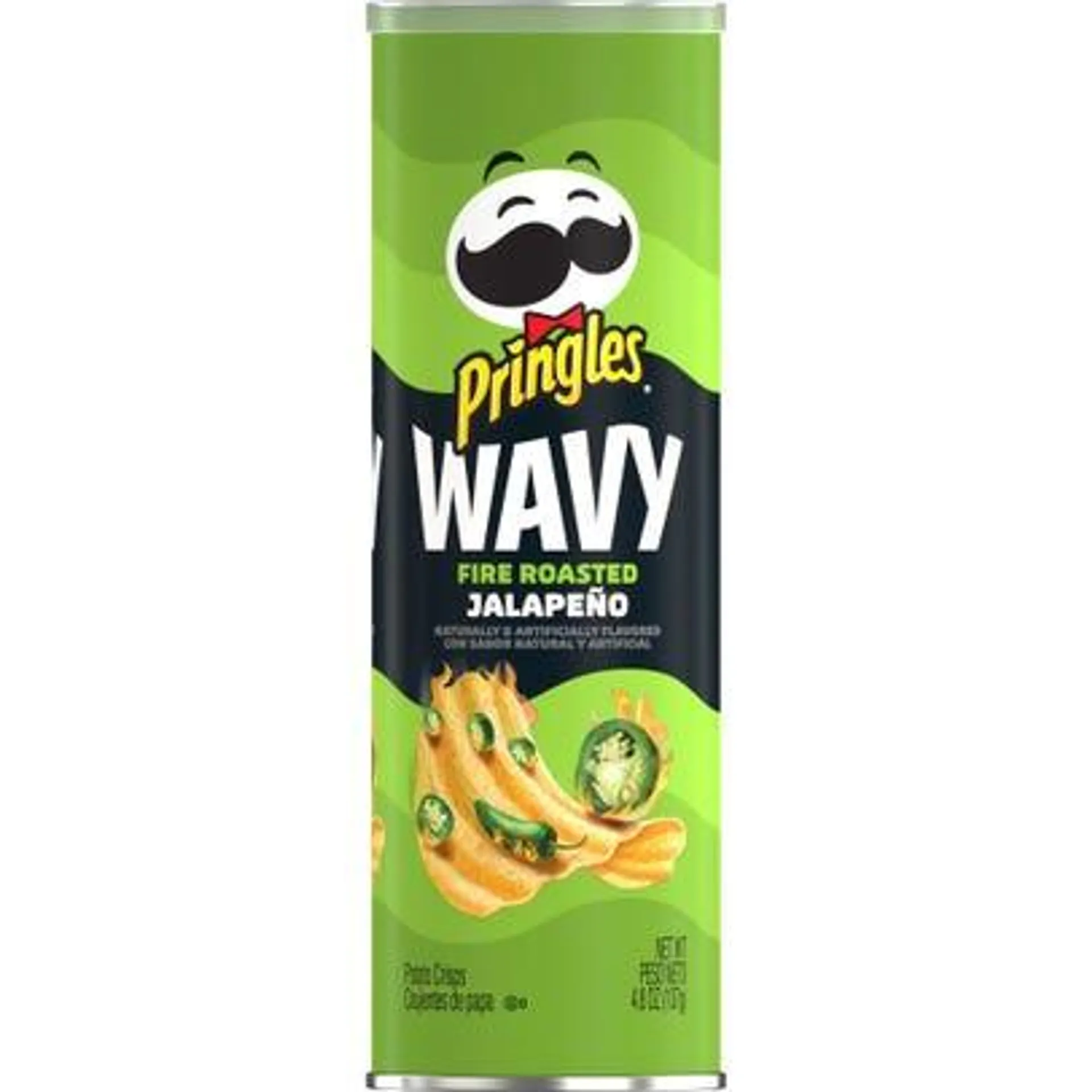 Pringles Wavy Potato Crisps Chips, Fire Roasted Jalapeno - 4.8 oz