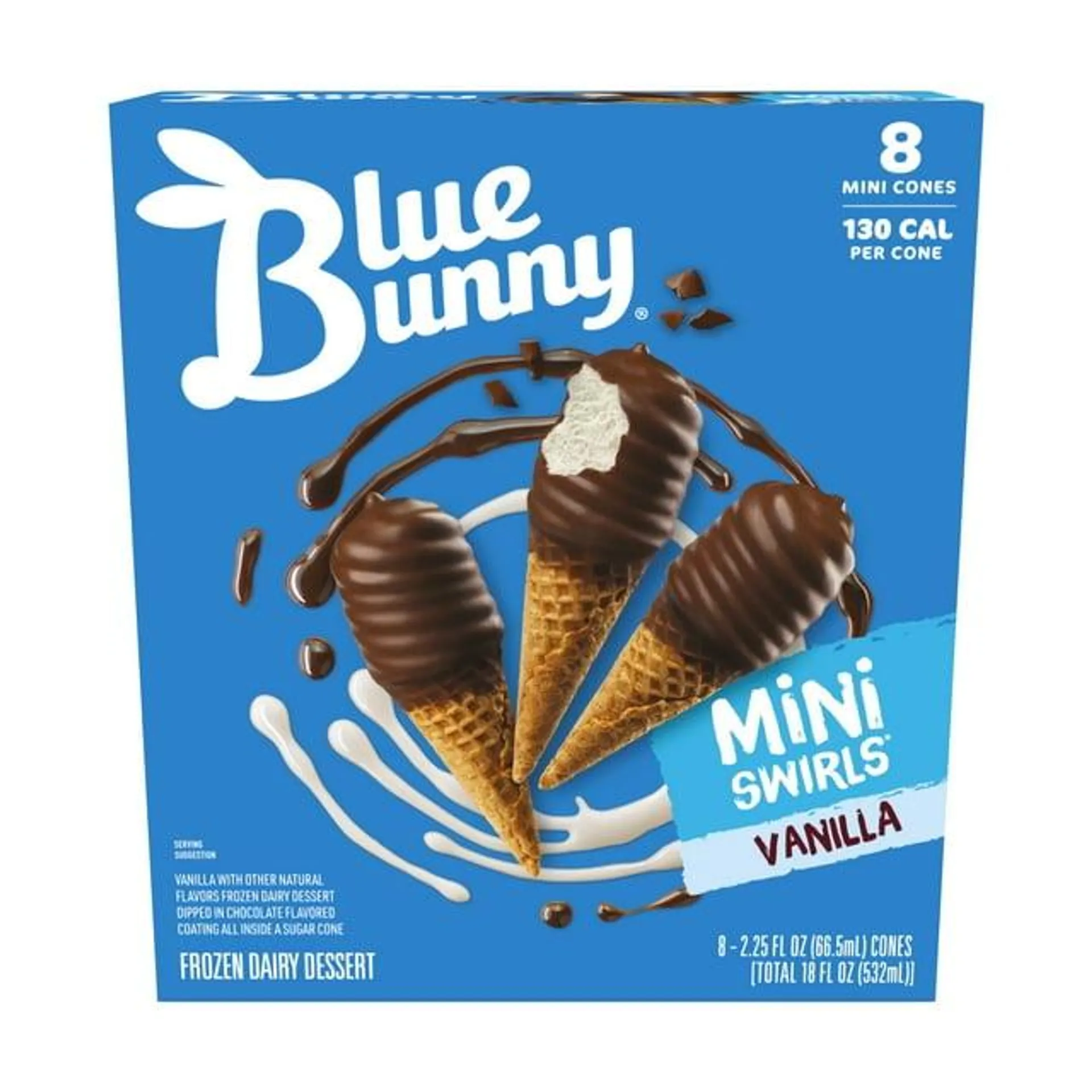 Blue Bunny Mini Swirls Vanilla Flavored with Chocolate Flavored Coating Frozen Dessert Cones, 18 fl oz 8 Pack