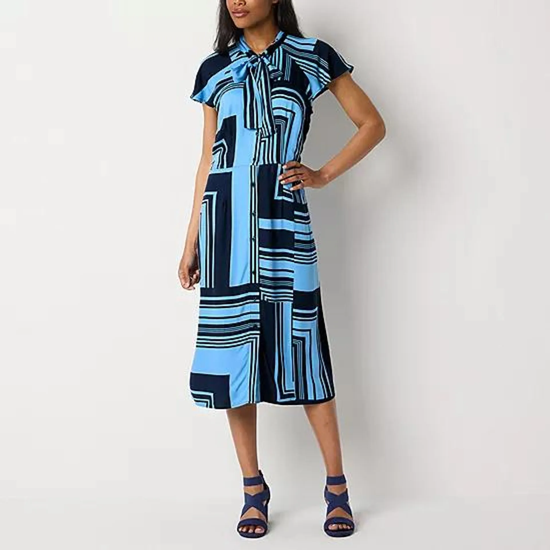 new! Liz Claiborne Short Sleeve Geometric Midi A-Line Dress