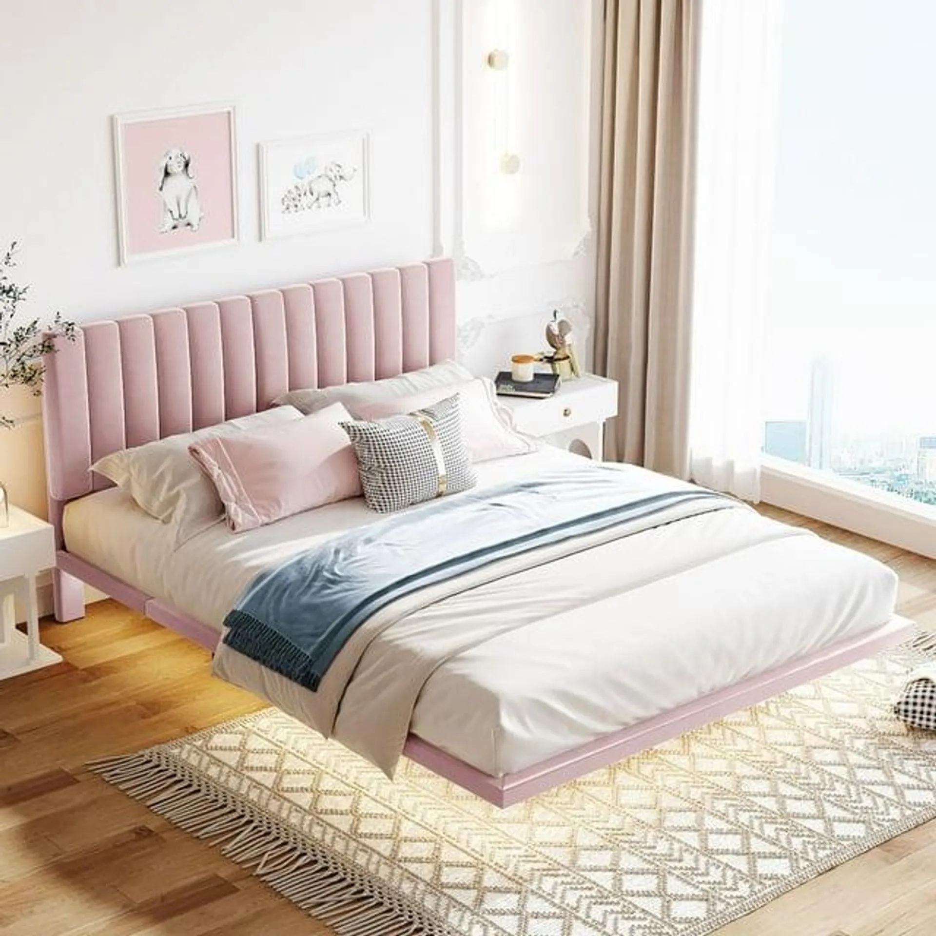 Queen Size Upholstered Bed with Sensor Light and Headboard, Floating Velvet Platform Bed Frame for Kids Teens Adult,No Box Spring Needed, Pink