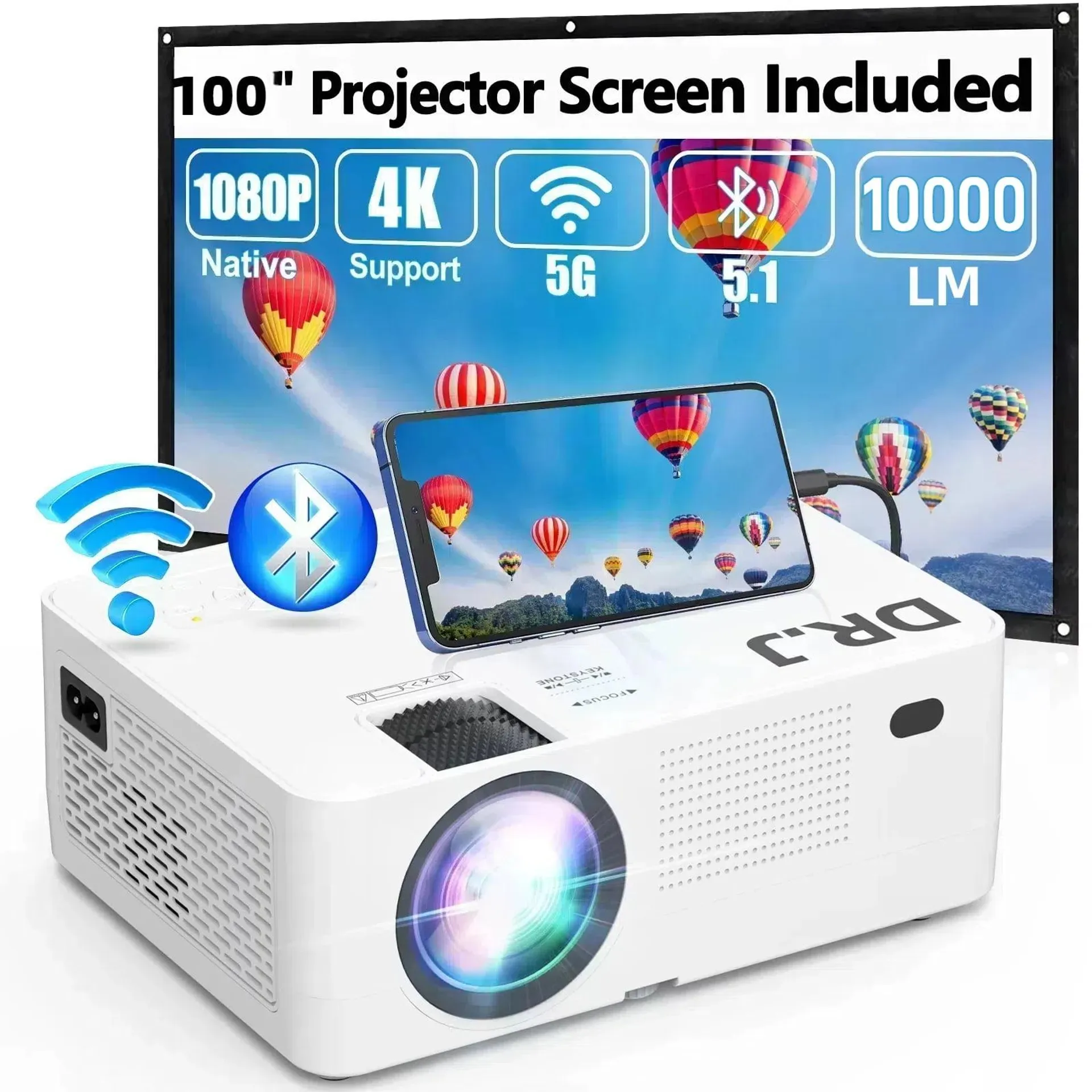 DR.J Professional Projector Native 1080P 5G Wifi 250" Display Projector with Bluetooth 5.1, 10000L Full HD 4K Outdoor Movie, 100" Screen Included