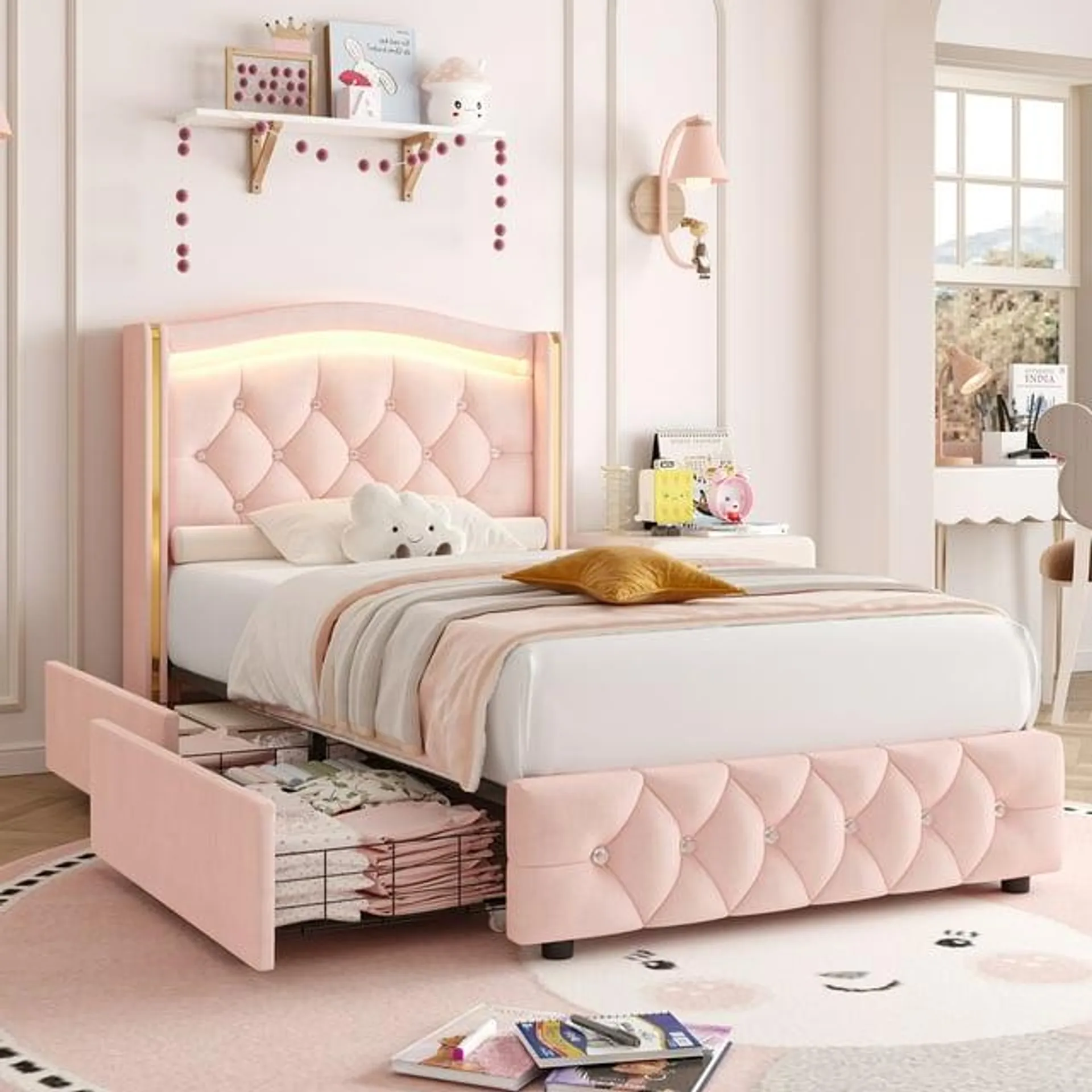 Homfa Twin Size LED Bed Frame with 4 Storage Drawers, Velvet Upholstered Platform Bed with Crystal Buttons Headboard, Pink