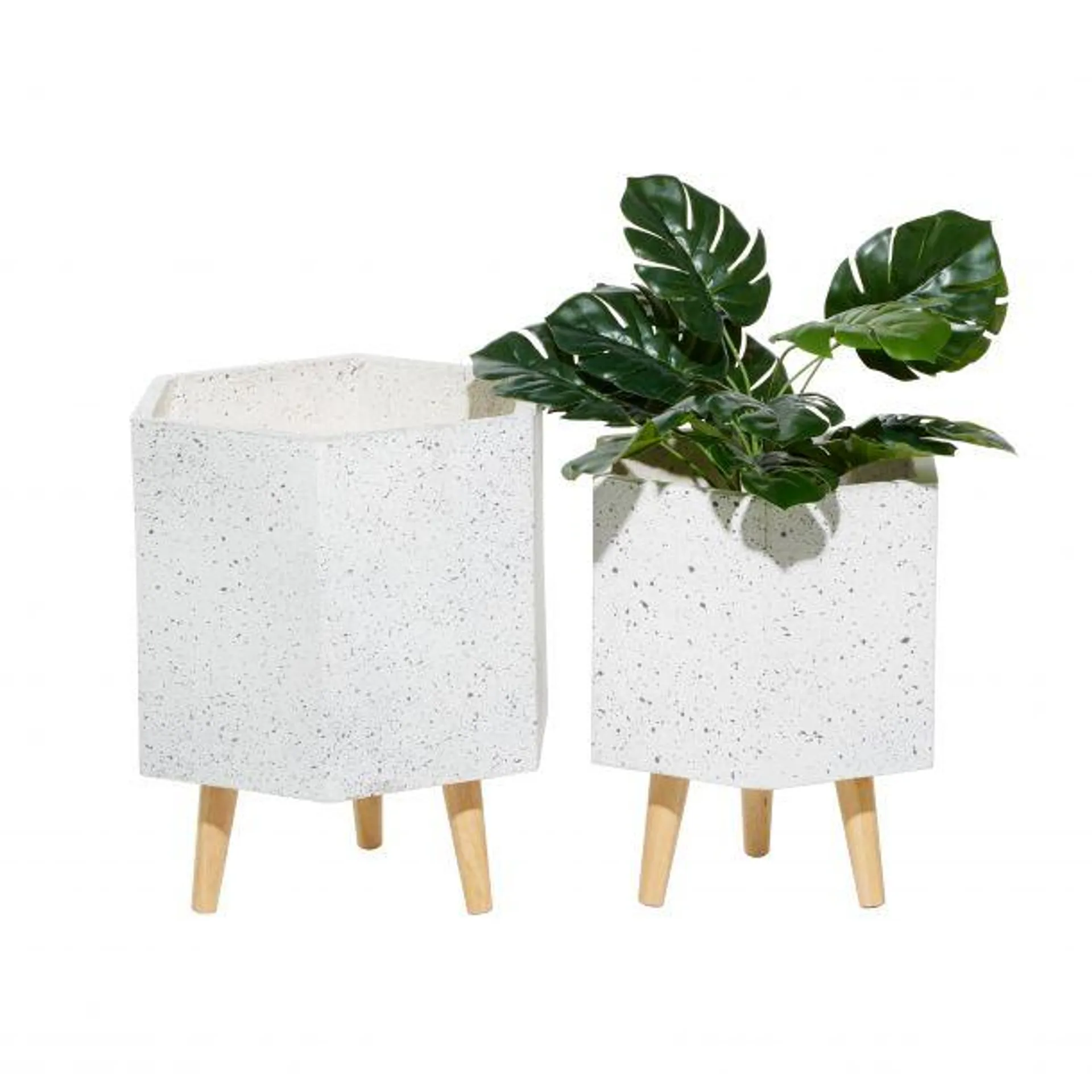 Marisol + Daisy Contemporary Ceramic Hexagonal Planter with Wood Legs (Set of 2) - White