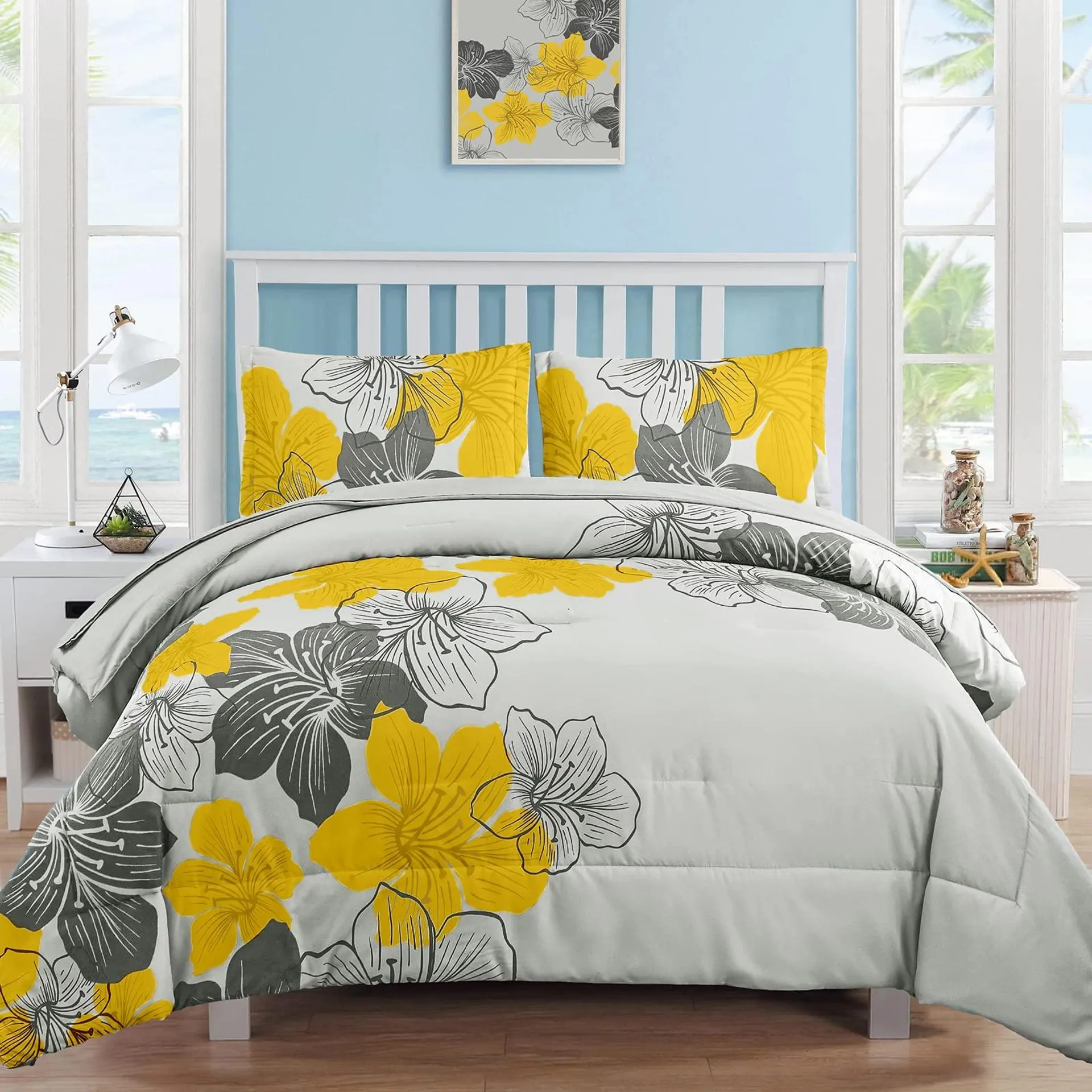 Luxudecor Yellow Comforter Set Queen Size, Yellow Floral Pattern Printed on Light Grey, Soft Microfiber 7 Pieces Bed in a Bag (1 Comforter