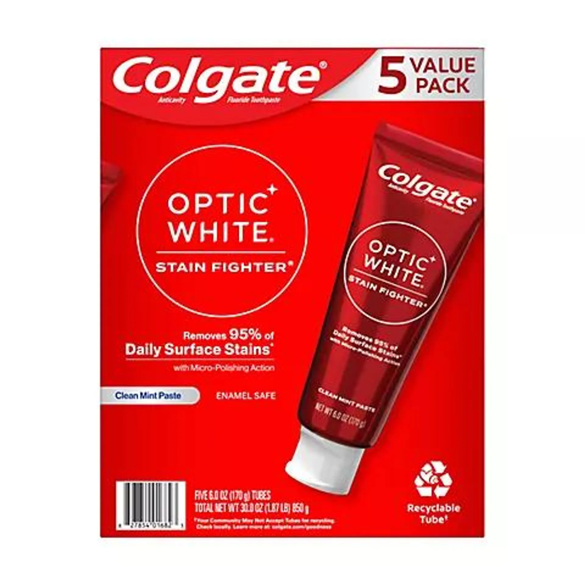 Colgate Optic White Stain Fighter Teeth Whitening Toothpaste Pack - Clean Mint Paste, 5 pk./6 oz.