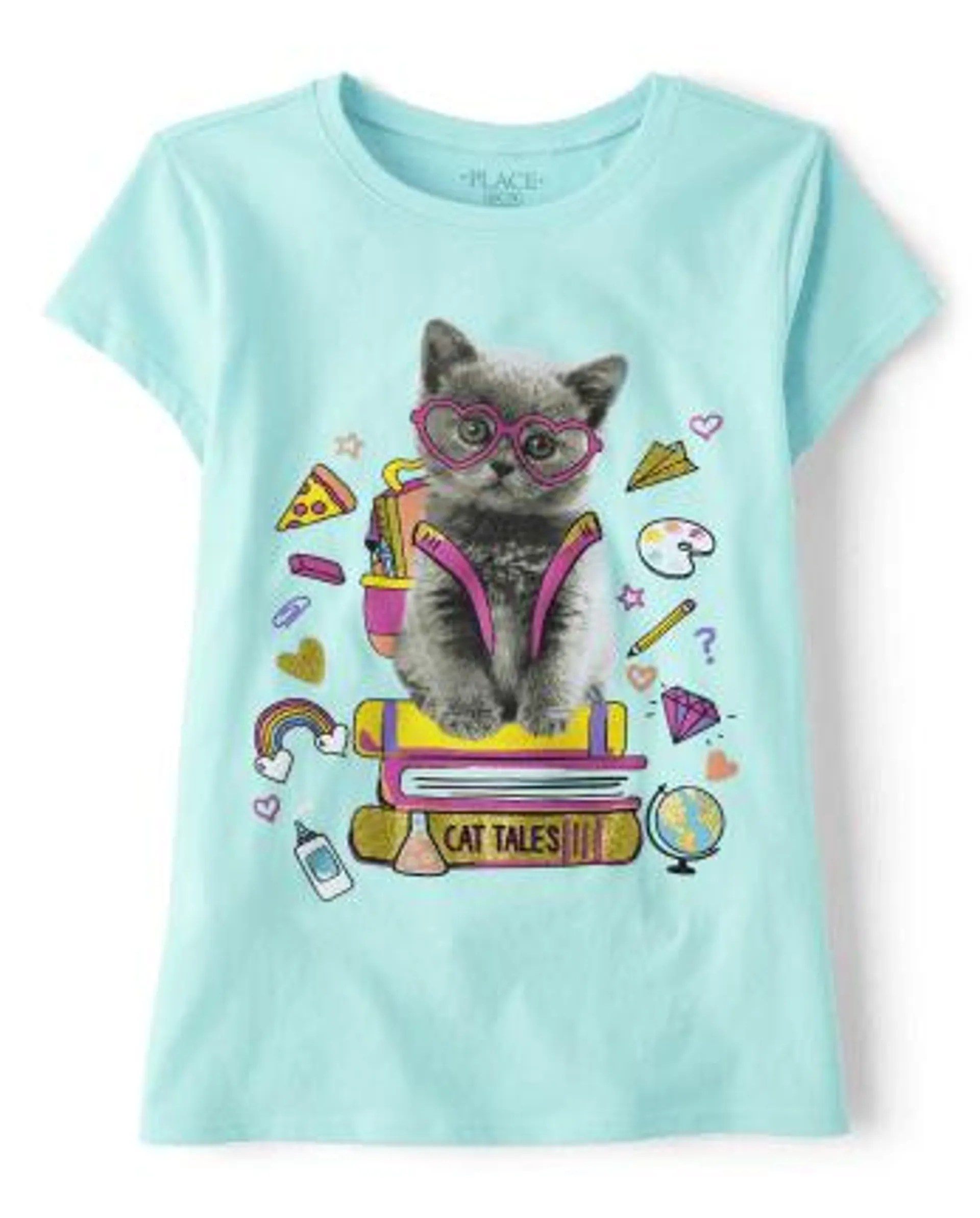 Girls Cat Books Graphic Tee - softmarine